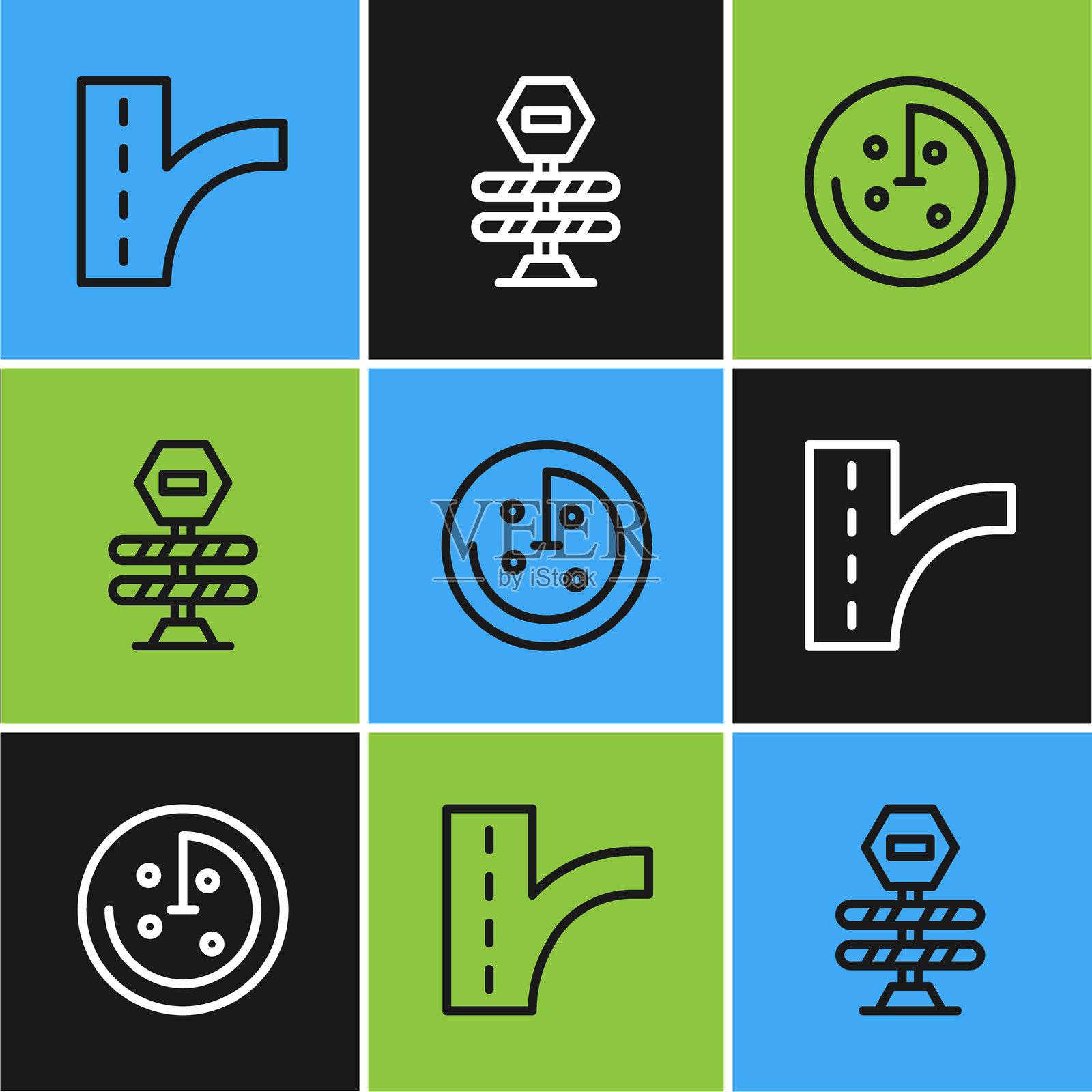 设置道路交通标志，雷达监控目标和障碍物图标。矢量图。插画图片素材