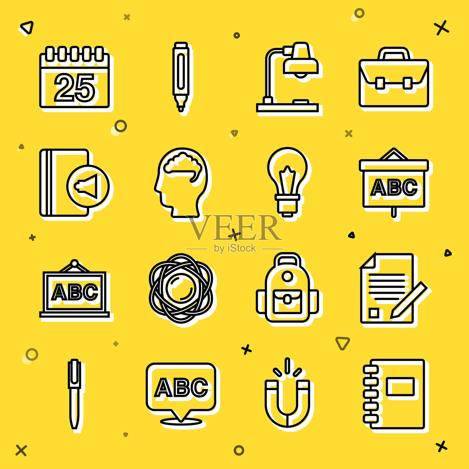 设置有螺旋装订的笔记本、考试试卷和铅笔、黑板、台灯、人脑、音频、日历和带有创意图标的灯泡。矢量图。插画图片素材