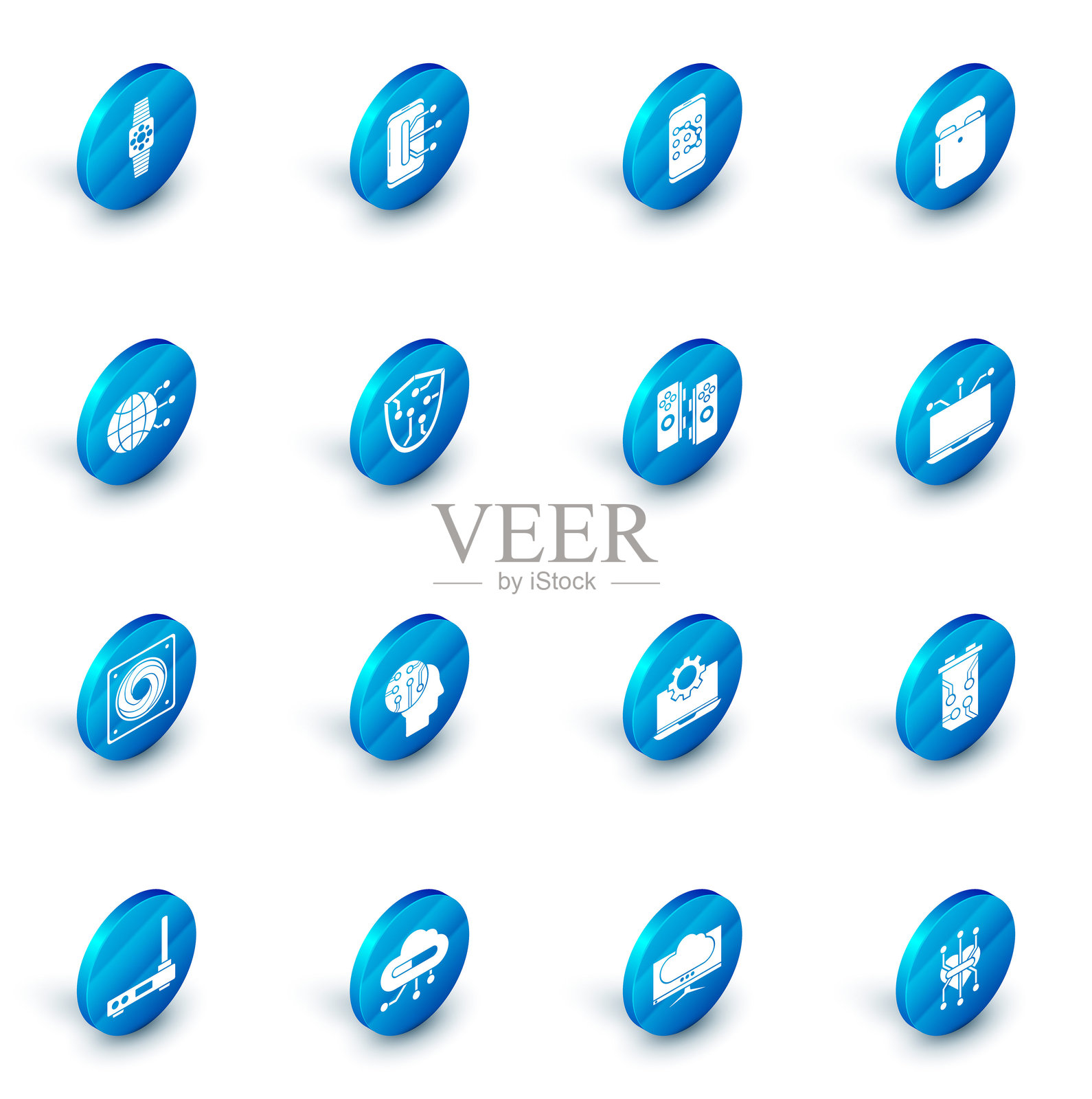 智能手机、移动电话、移动设备和图形密码保护，耳机盒中的无线耳机，全球科技社交网络，电脑散热器，网络安全，笔记本电脑和游戏手柄图标。矢量图。插画图片素材