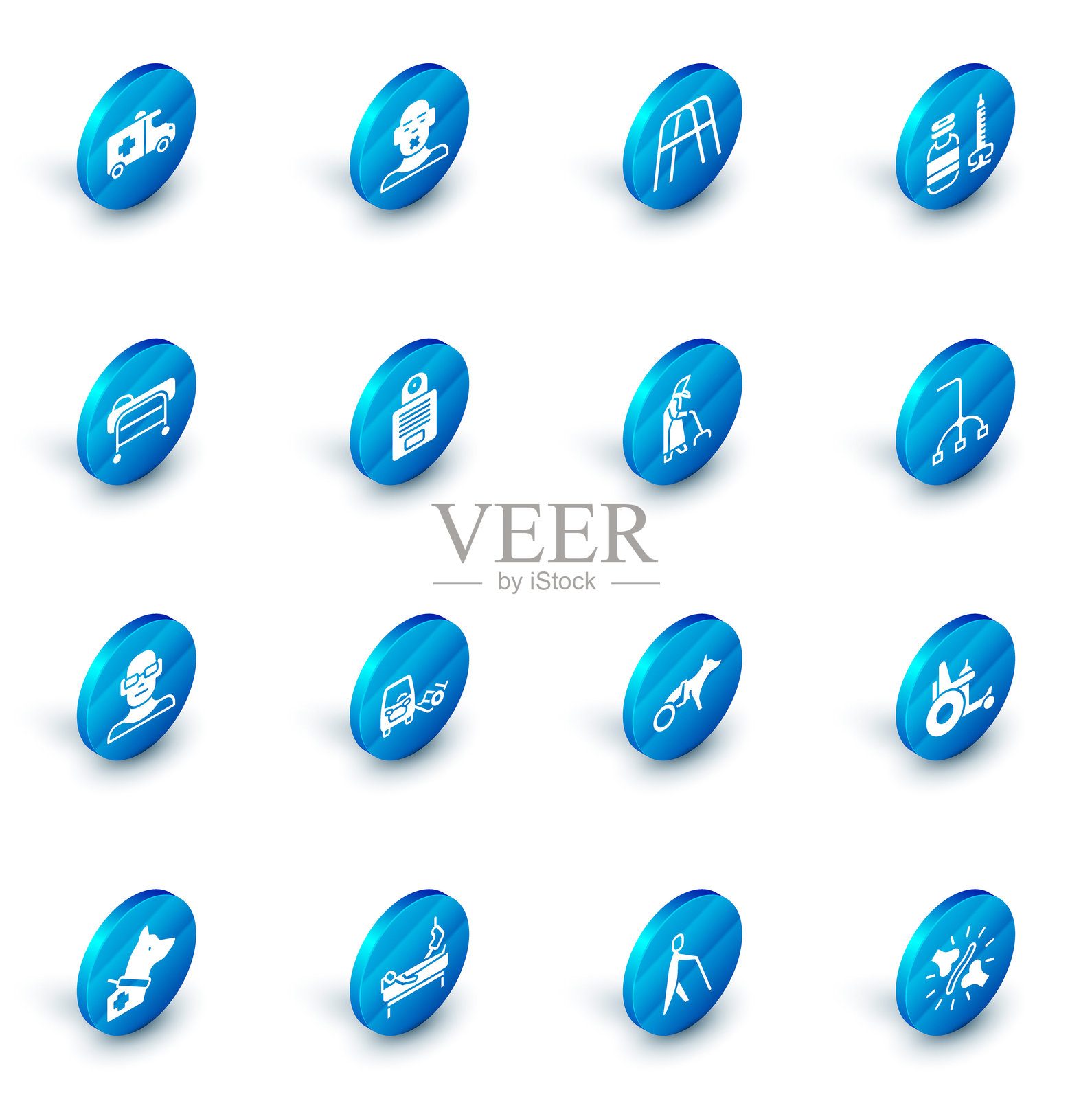 聋哑人头像、步行器、注射器、担架、视力差、对讲机、手杖和祖母图标。矢量图。插画图片素材