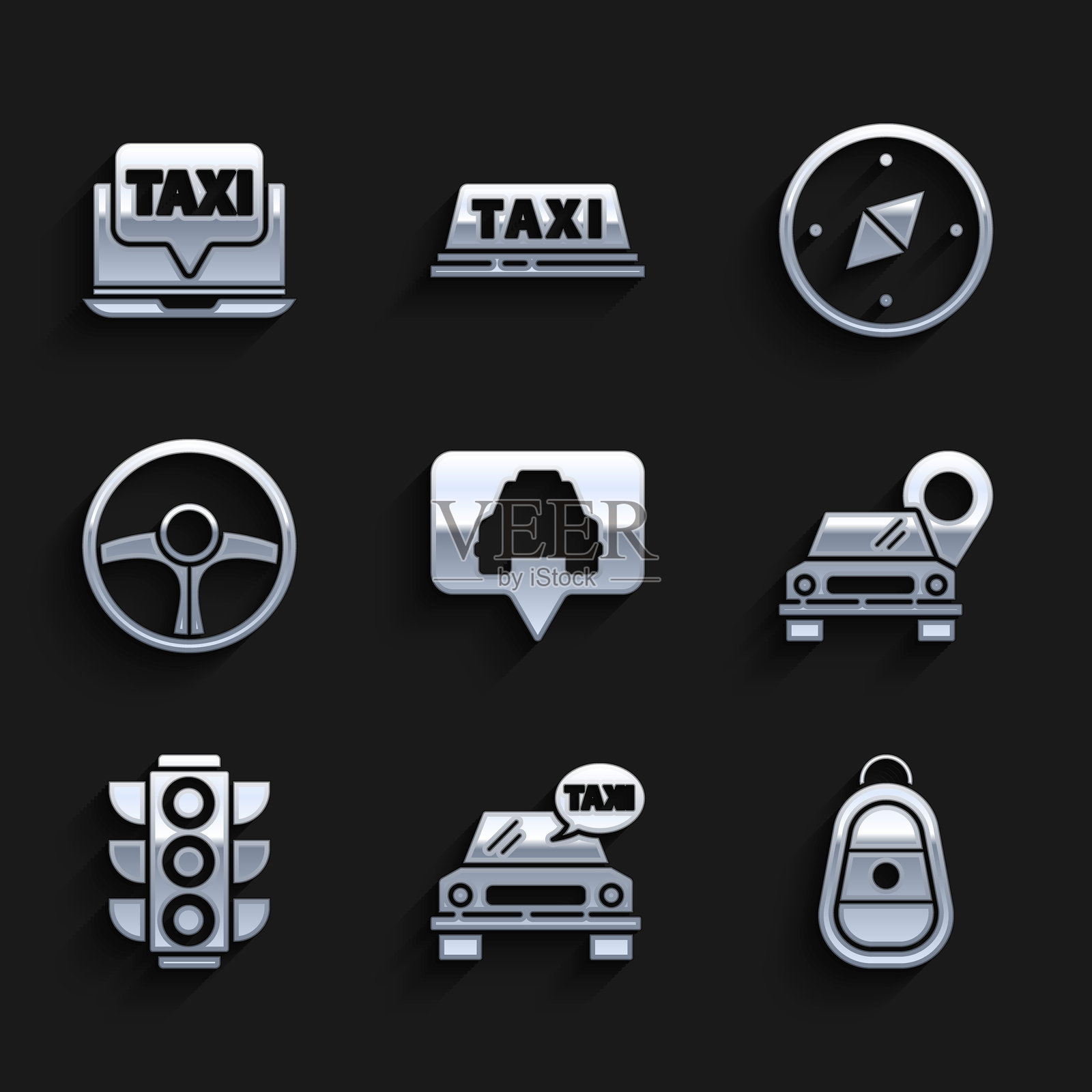 设置地图指针与出租车、出租车车、汽车钥匙遥控器、交通信号灯、方向盘、指南针和笔记本电脑呼叫服务图标。矢量图。插画图片素材