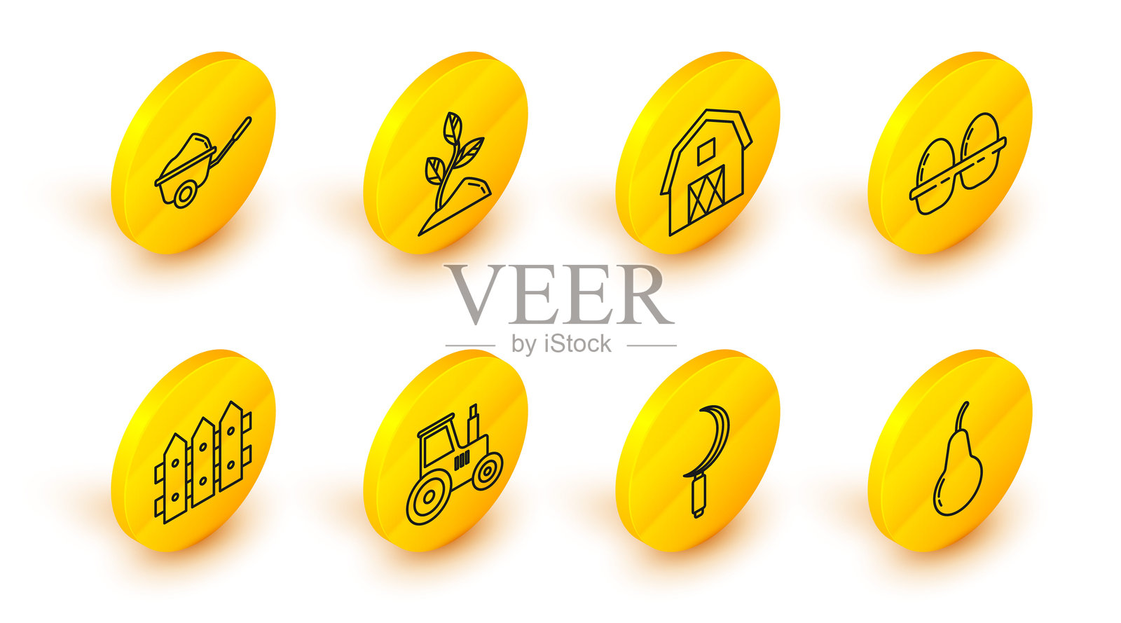 梨子、镰刀、拖拉机、木制花园围栏、装有鸡蛋的盒子、农舍概念、幼苗和装有泥土的手推车图标。矢量图。插画图片素材