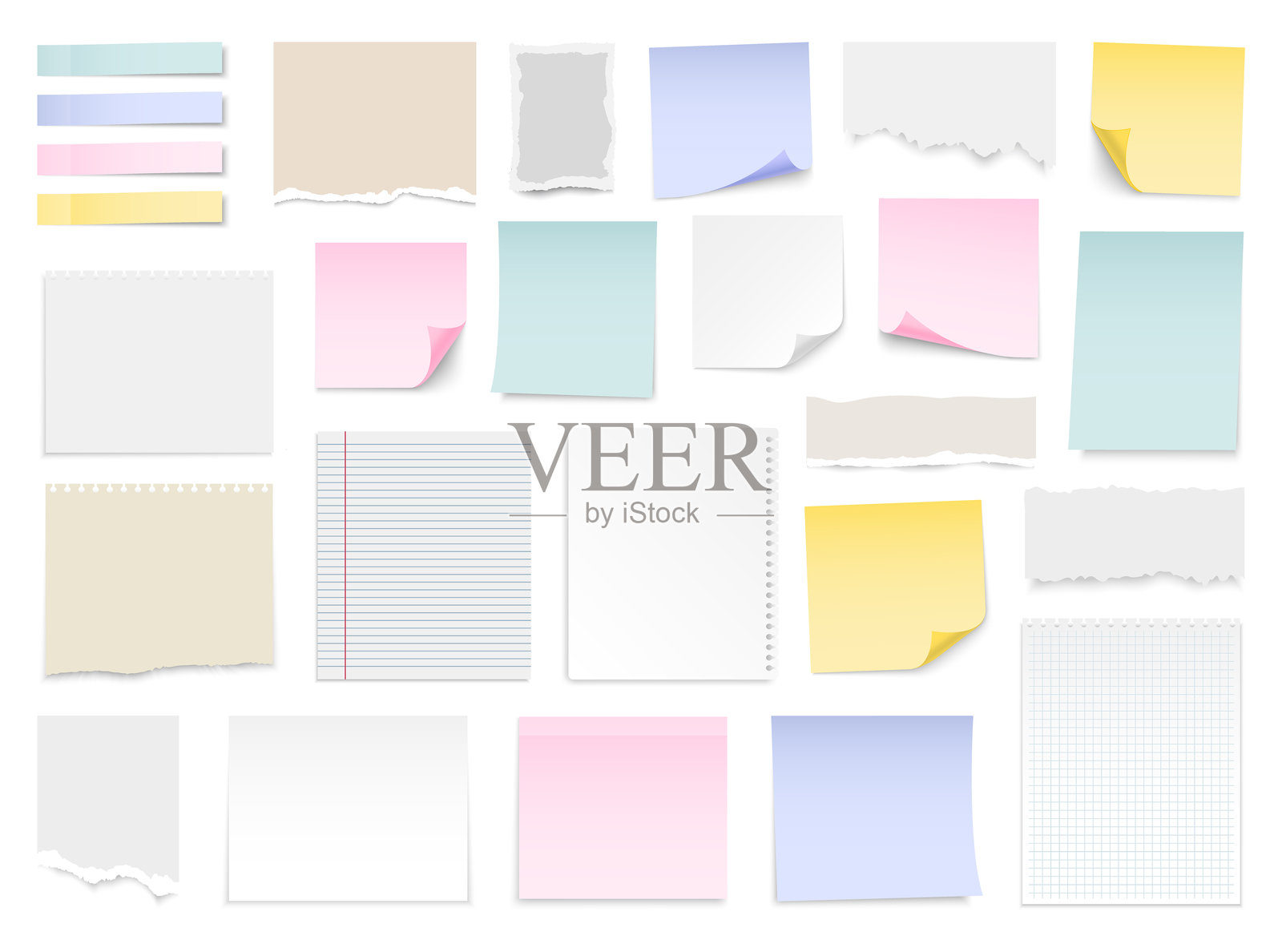 纸条、别针和胶带。彩色贴纸、撕下的纸张和笔记本页面。带卷边的便签纸。用于留言的真实模板。矢量插图。插画图片素材