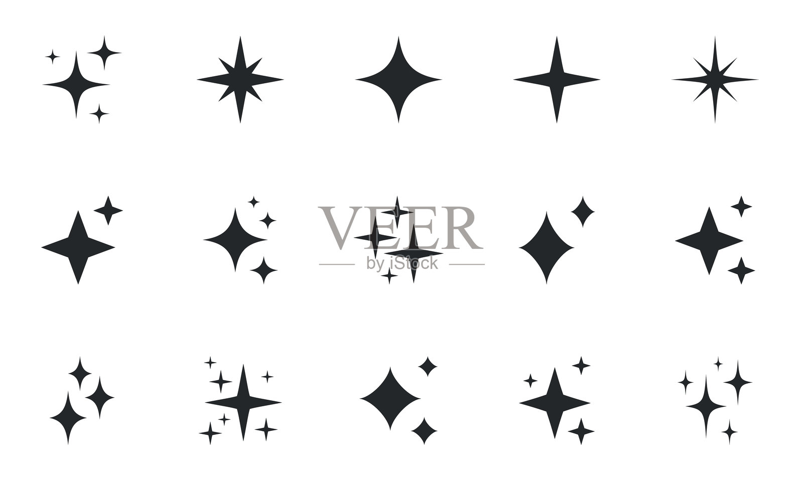 闪亮星星图标集。闪烁星星图标。星星闪烁集合。不同的星星形状。效果闪光、闪烁、闪耀和干净。矢量插图。插画图片素材