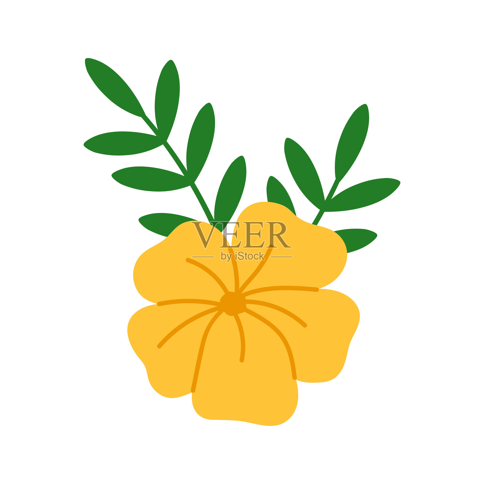 一朵明亮、鲜艳的黄色花朵被新鲜的绿色叶子环绕，置身于自然环境中插画图片素材