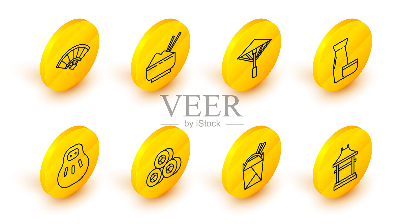 日本门、寿司、招财猫、传统日本茶道、遮阳伞、米饭碗和折纸扇图标。矢量图。插画图片素材