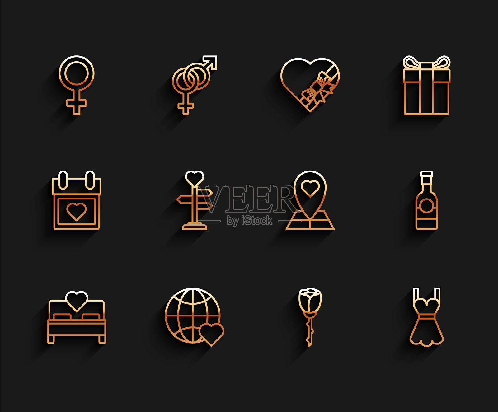 卧室线条，心形世界爱，女性性别符号，玫瑰花，女性服装，带有指示牌，香槟瓶和地图指针图标。矢量图。插画图片素材