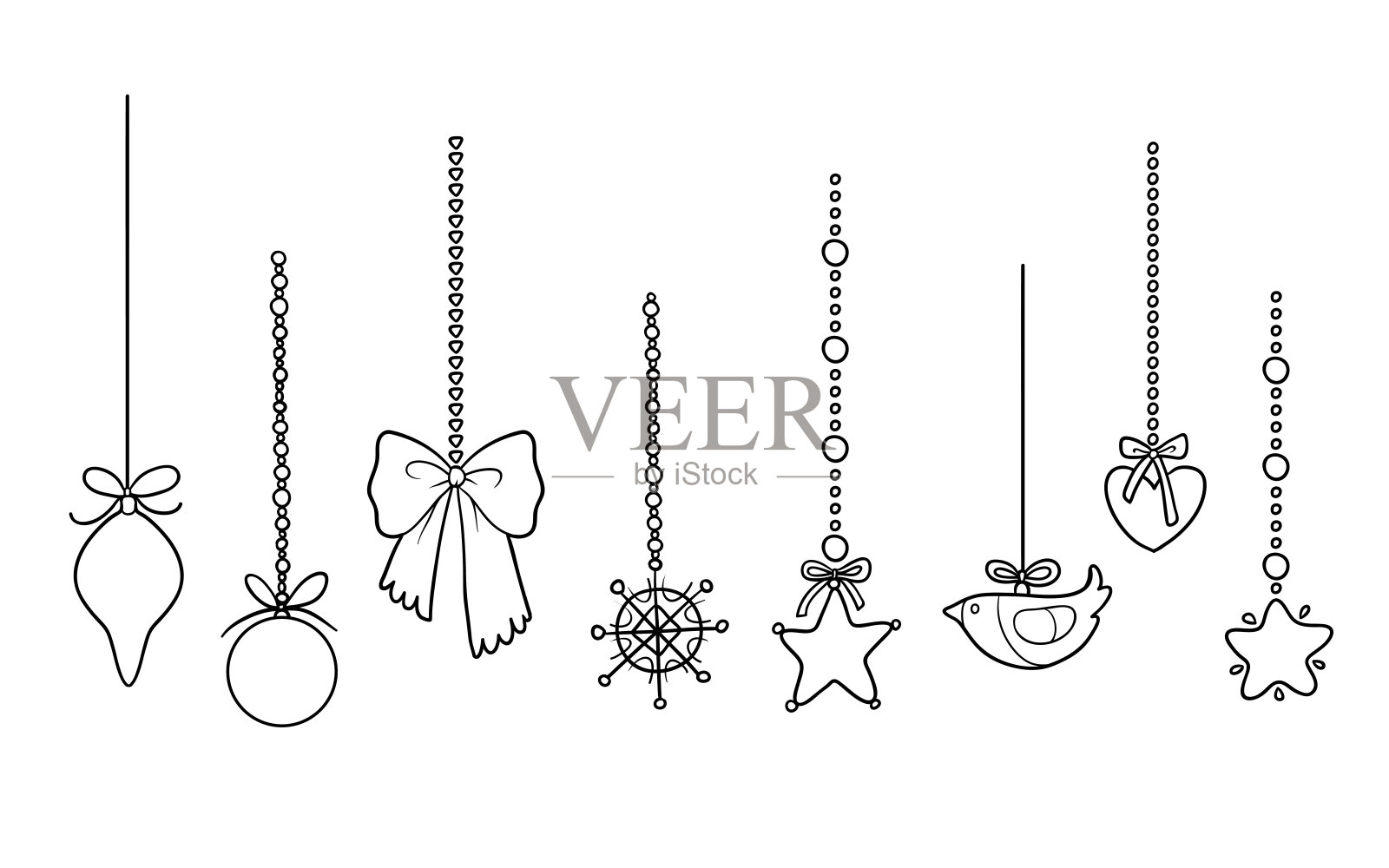 无色圣诞树玩具。卡通冬季装饰品套装插画图片素材