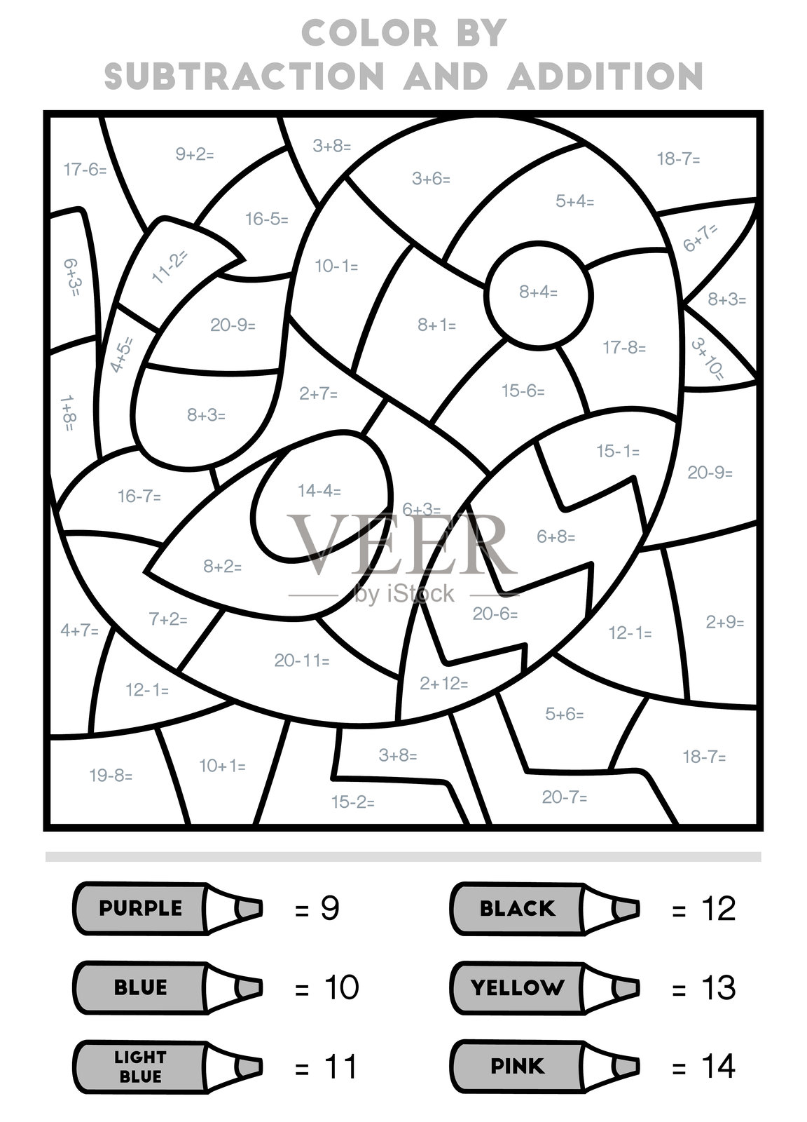 通过加法和减法上色，儿童教育游戏，小鸟插画图片素材