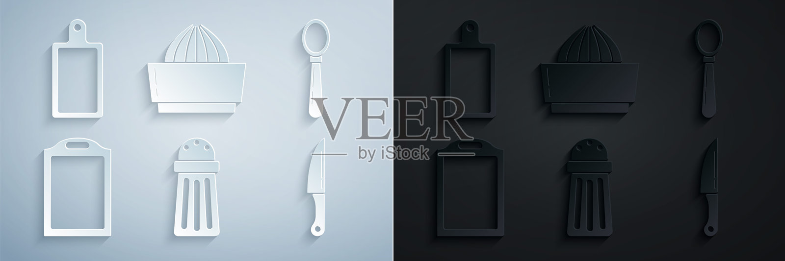 盐罐、勺子、切菜板、刀、柑橘水果榨汁器和图标。矢量图。插画图片素材