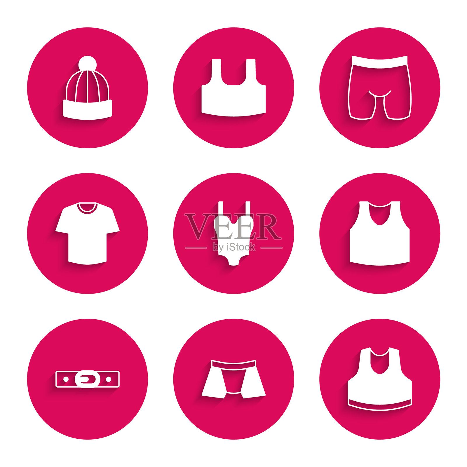 游泳衣、男士内裤、内衣、皮带、T恤、骑行短裤和冬帽图标。矢量图。插画图片素材