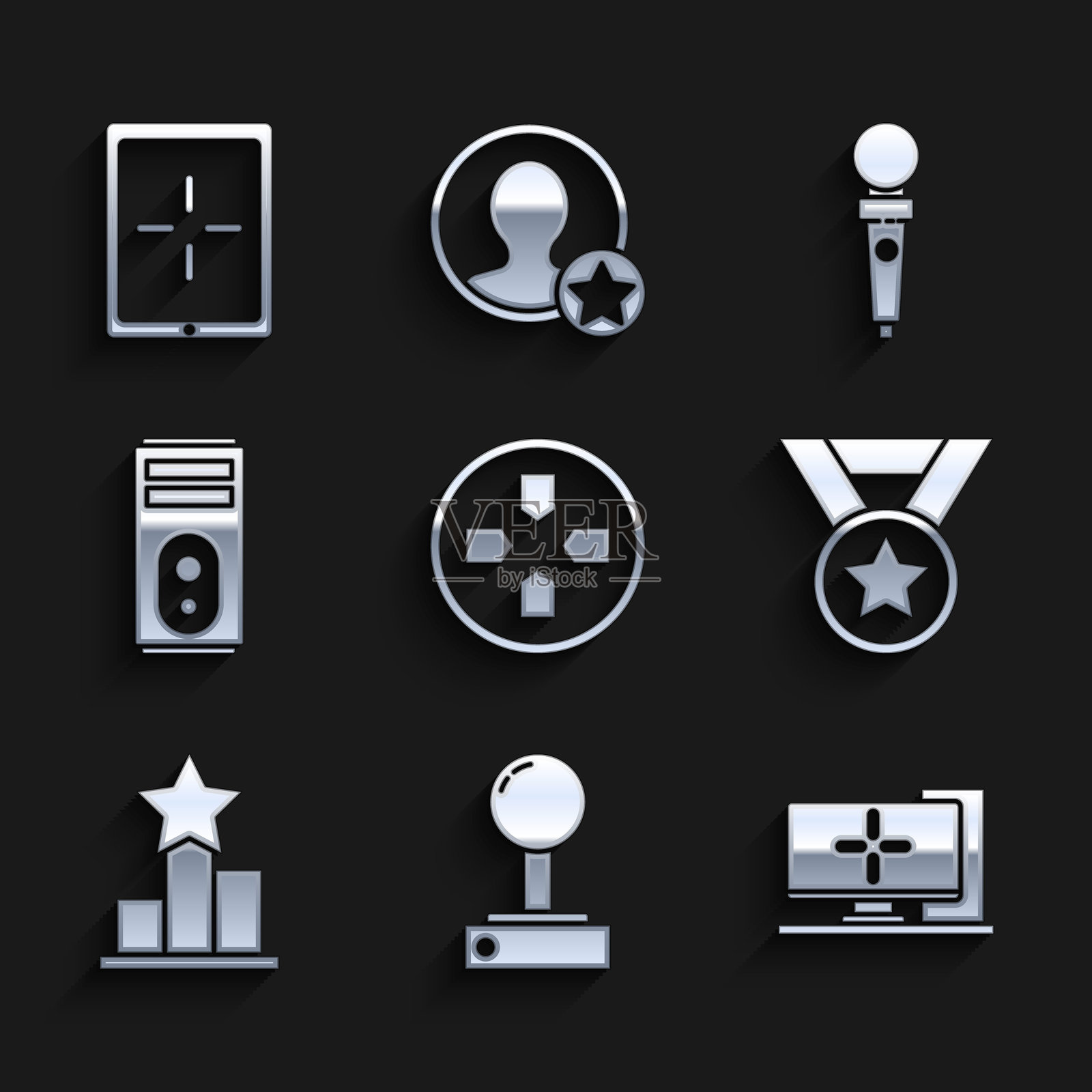 游戏手柄、摇杆、街机、电脑显示器、奖牌、星星和平板图标。矢量图。插画图片素材