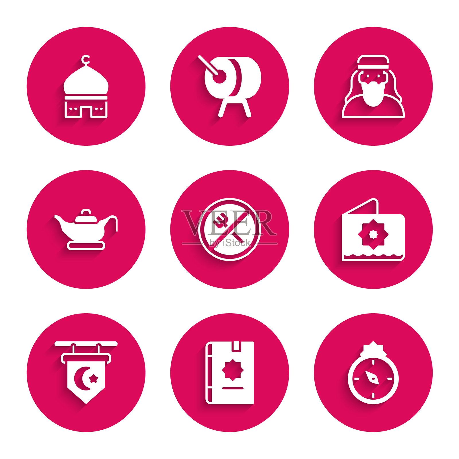 设定斋月禁食，古兰经，朝向，八角星，星月，油灯，穆斯林男子和清真寺图标。矢量图。插画图片素材