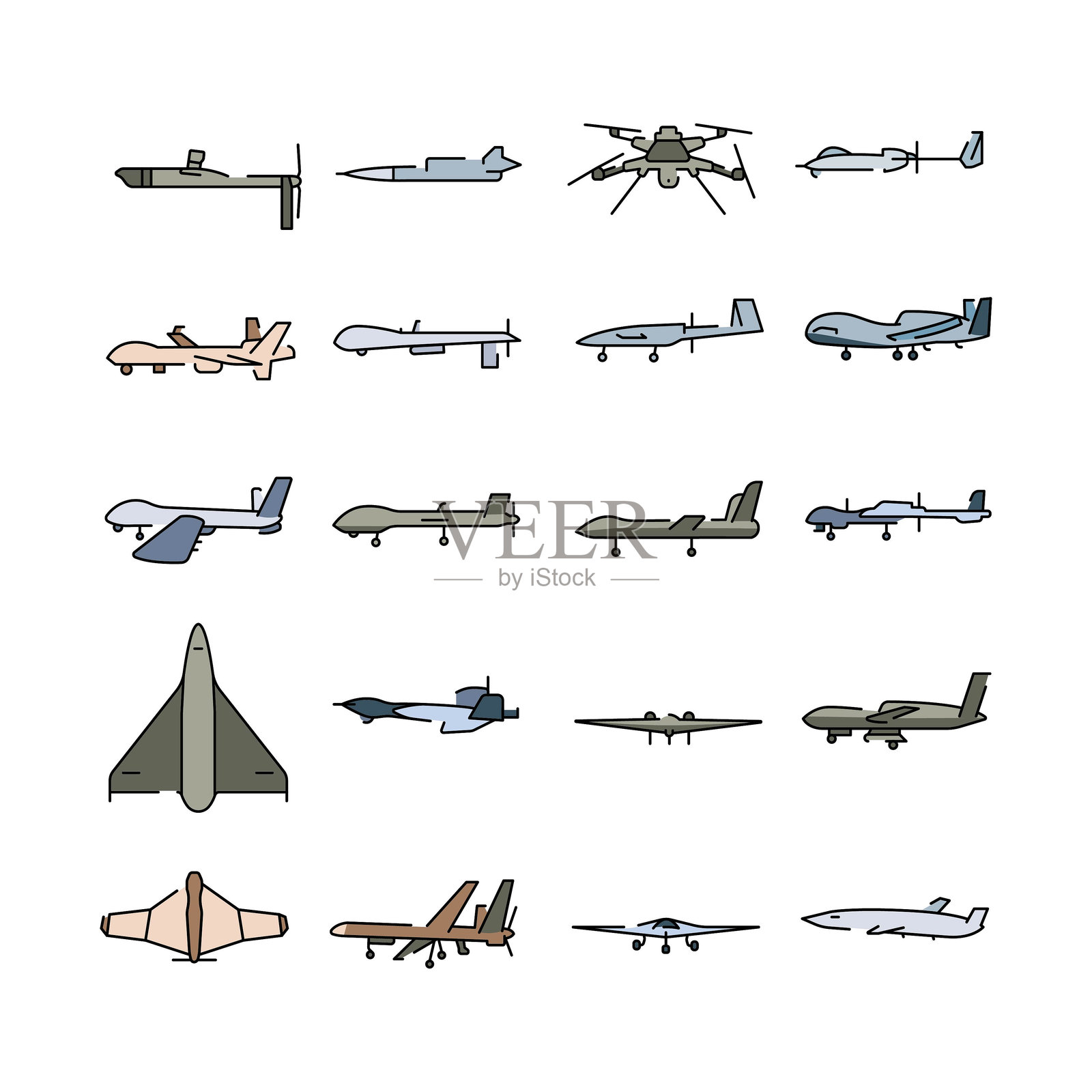 军事无人机线条彩色图标集。插画图片素材
