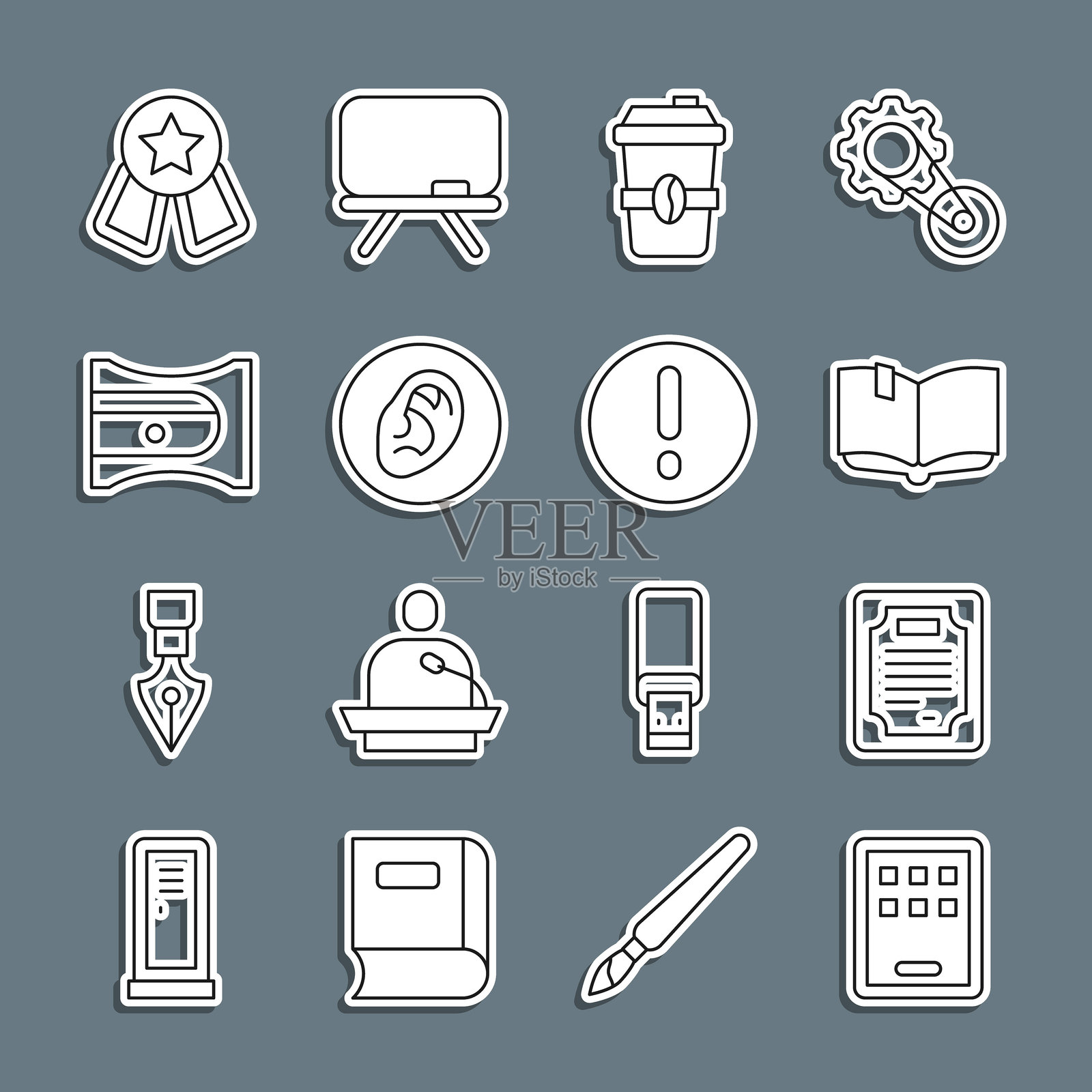 图形平板电脑，证书模板，打开的书，外带咖啡杯，耳朵听声音信号，铅笔削尖器，带星星的奖牌，语音气泡和感叹号图标。矢量图。插画图片素材