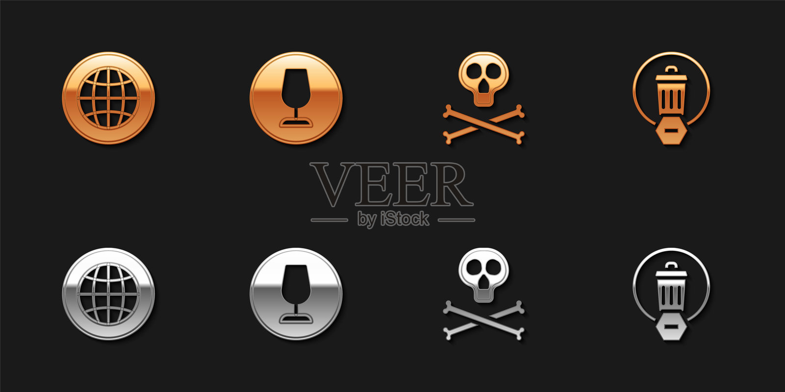 社交网络，脆弱的破碎玻璃，骨头和骷髅警告，垃圾桶图标。矢量图。插画图片素材