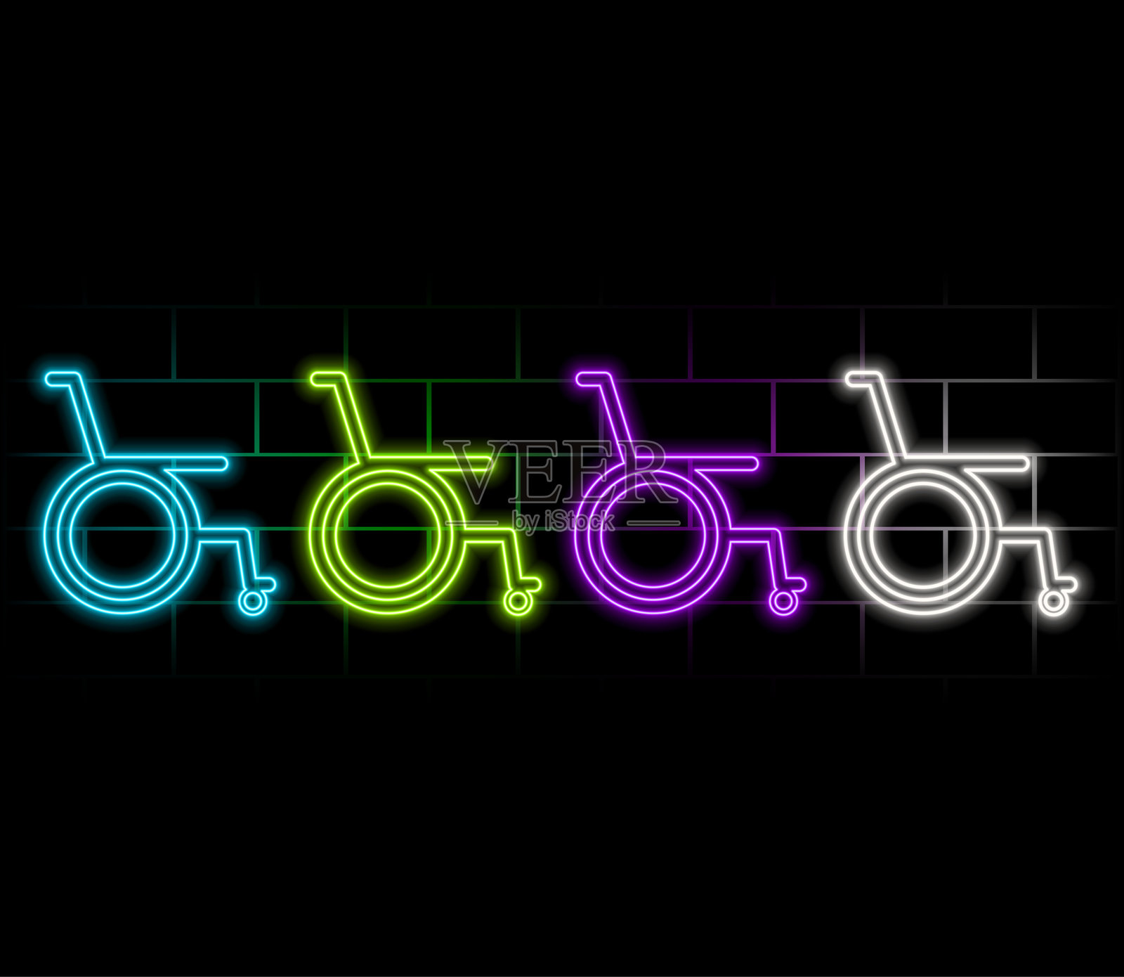 电动轮椅霓虹灯标志。交通工具的概念。插画图片素材