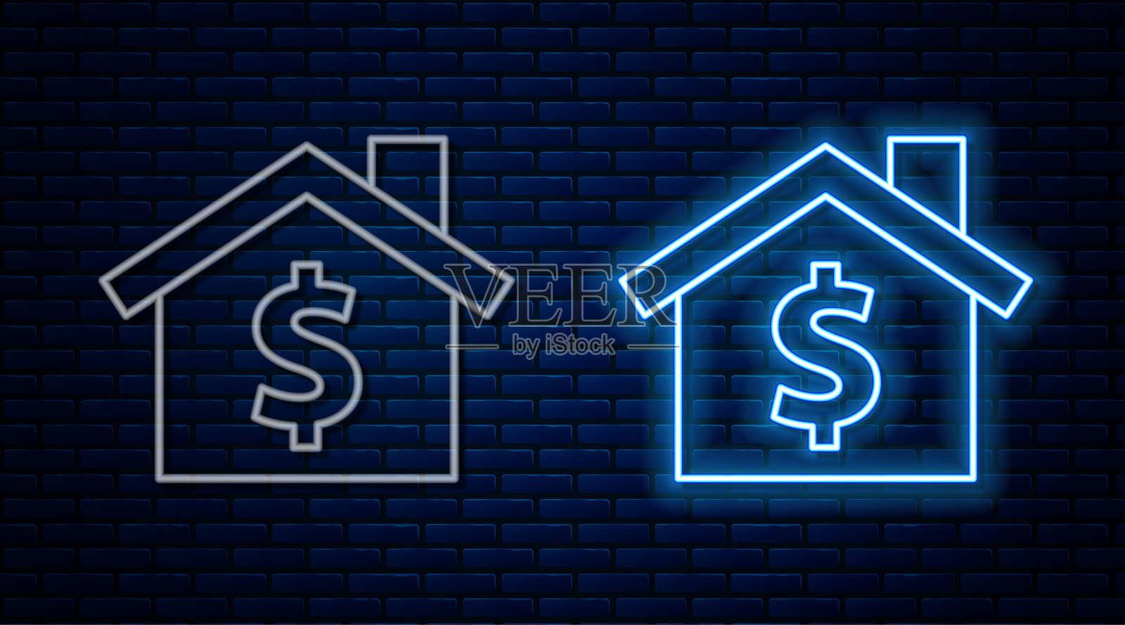 发光的霓虹线条房屋与美元符号图标，背景为砖墙。家与财富。房地产概念。矢量图。插画图片素材