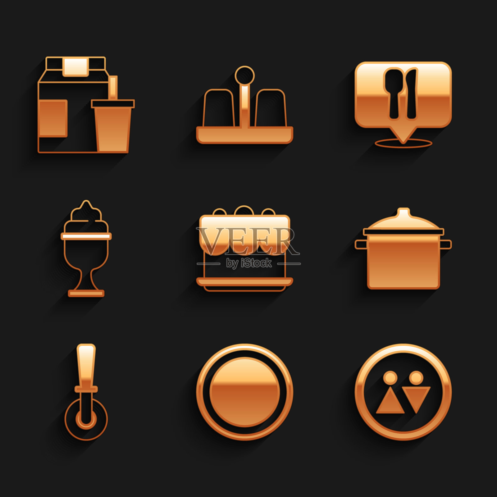 蛋糕、盘子、马桶、炊具、披萨刀、冰淇淋碗、咖啡馆和餐厅位置以及在线订餐配送图标。矢量图。插画图片素材