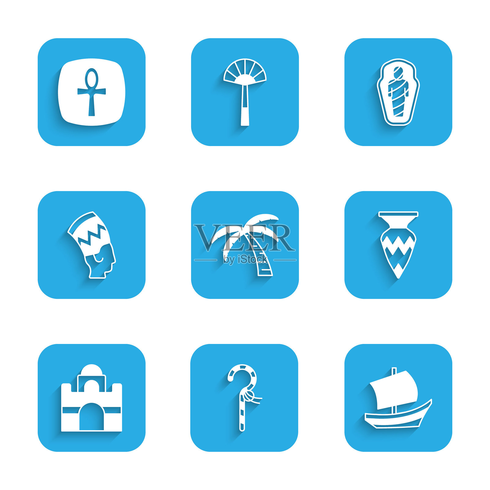 热带棕榈树、弯曲的船、埃及船、花瓶、房屋、奈费尔提提、木乃伊在石棺中和交叉的安卡图标。矢量图。插画图片素材