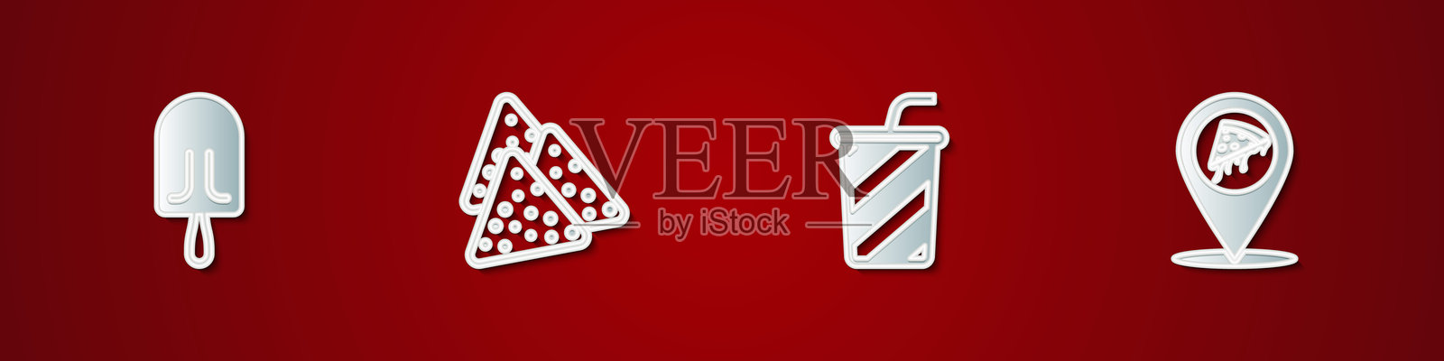 冰淇淋、玉米片、水杯和披萨图标的组合。矢量图。插画图片素材