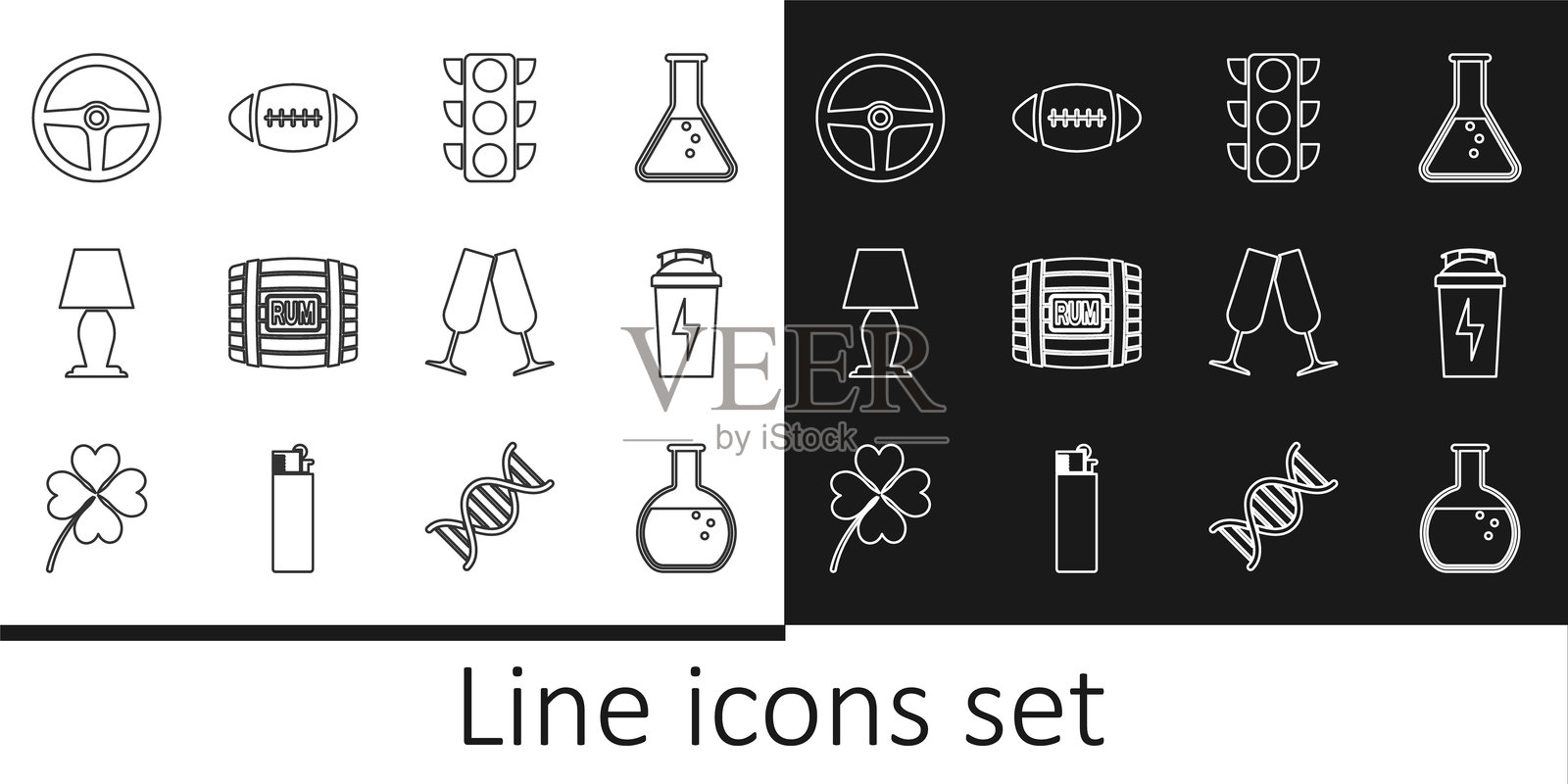 试管和烧瓶，健身摇杯，交通信号灯，装有朗姆酒的木桶，台灯，方向盘，香槟酒杯和美式足球图标。矢量图。插画图片素材