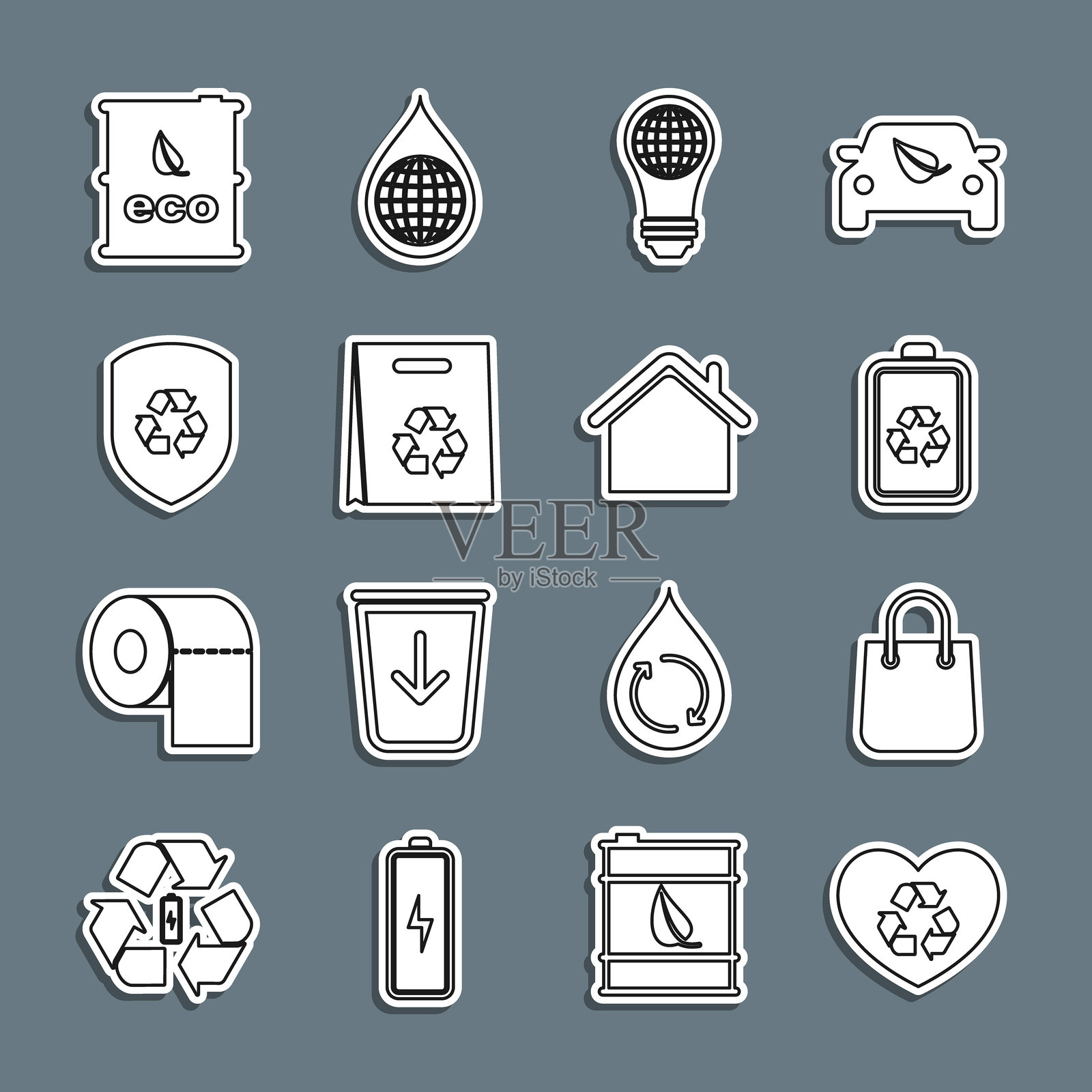 环保心形图案、购物袋、带回收标志的电池、世界地球仪形状的灯泡、带回收标志的保护盾、生态燃料桶和房屋图标。矢量图。插画图片素材