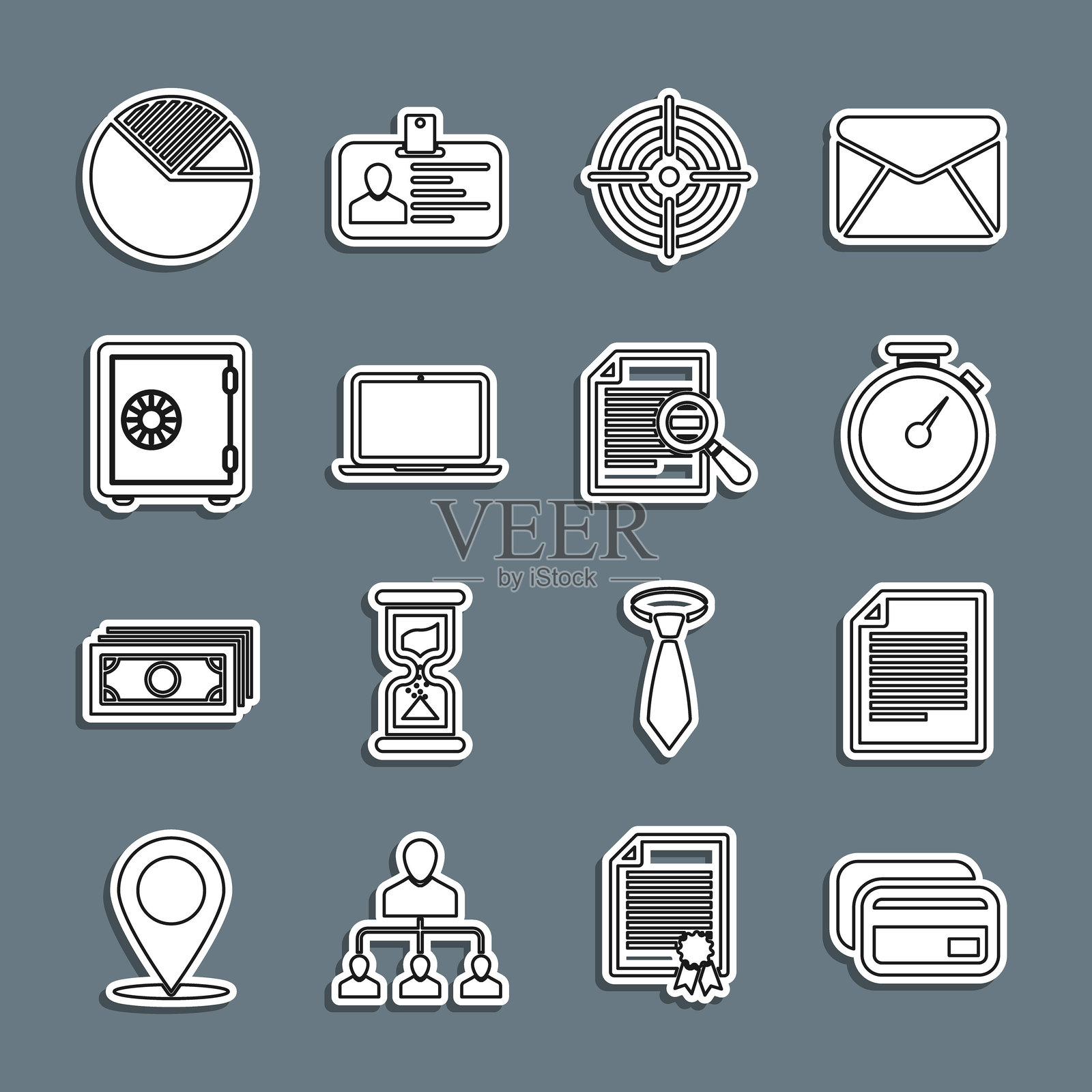 信用卡、文件、秒表、靶子运动、笔记本电脑、安全箱、饼图信息图和搜索图标。矢量图。插画图片素材