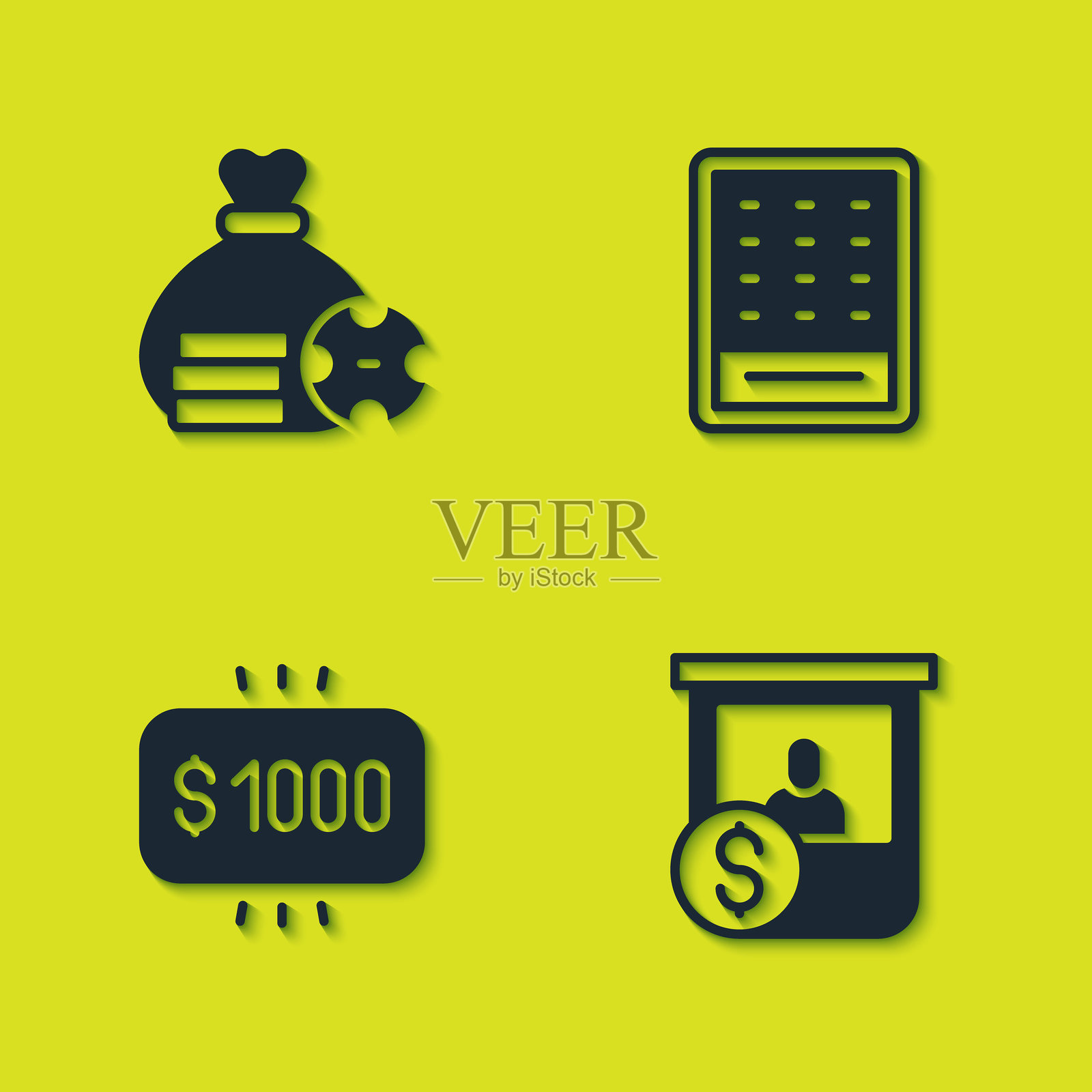 钱袋、赌场筹码兑换、奖品赌场和彩票图标。矢量图。插画图片素材