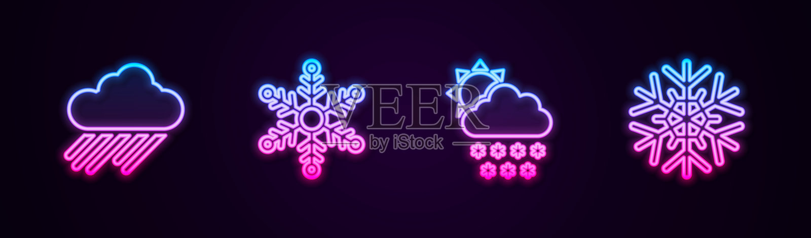 发光的霓虹图标：带有雨、雪花、雪和太阳的云朵线条。矢量图。插画图片素材