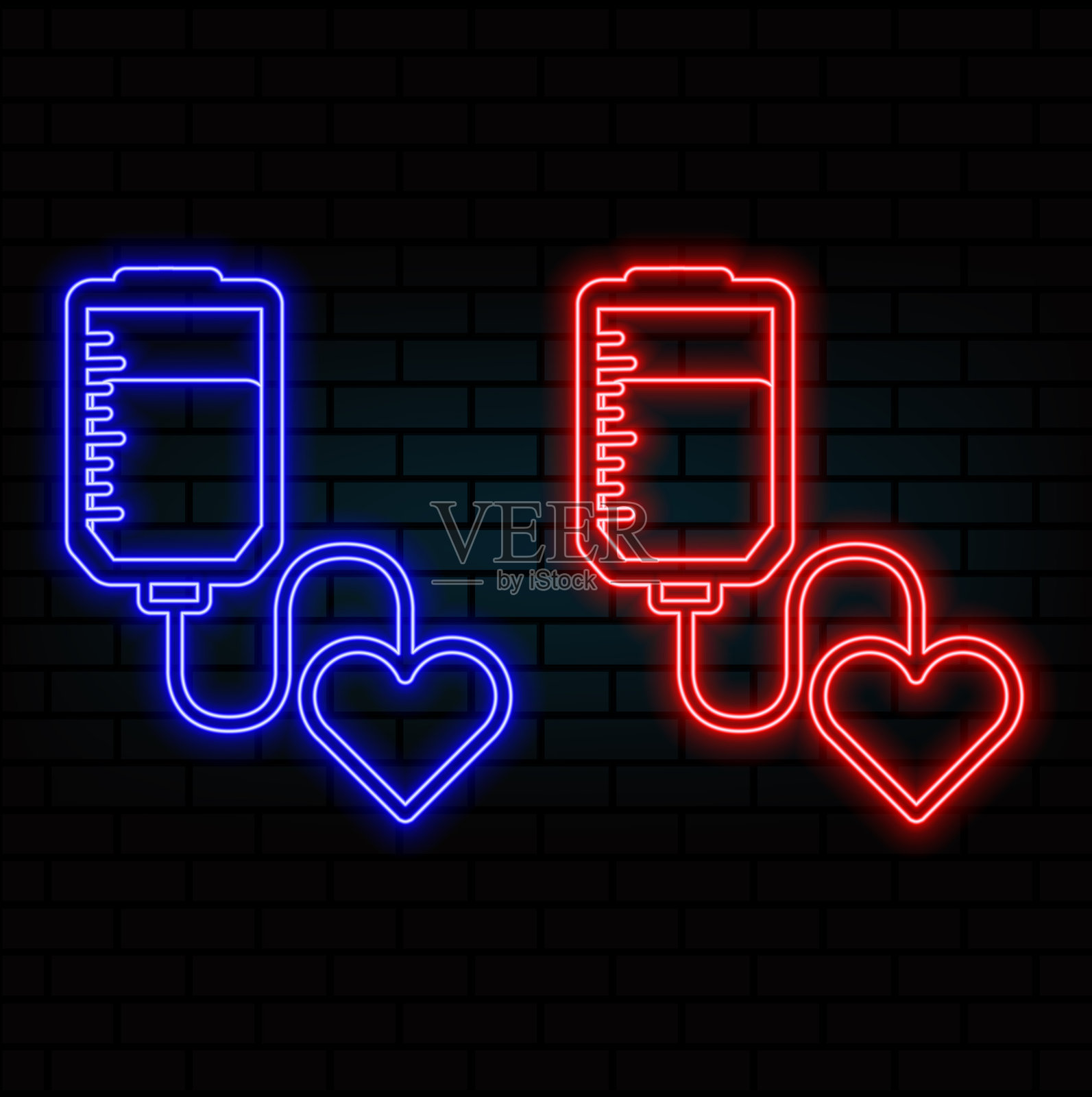 发光的霓虹静脉输液袋图标。献血袋图标。献血概念。治疗和疗法的概念，化疗。血袋线条图标。霓虹风格的医学元素图标。插画图片素材