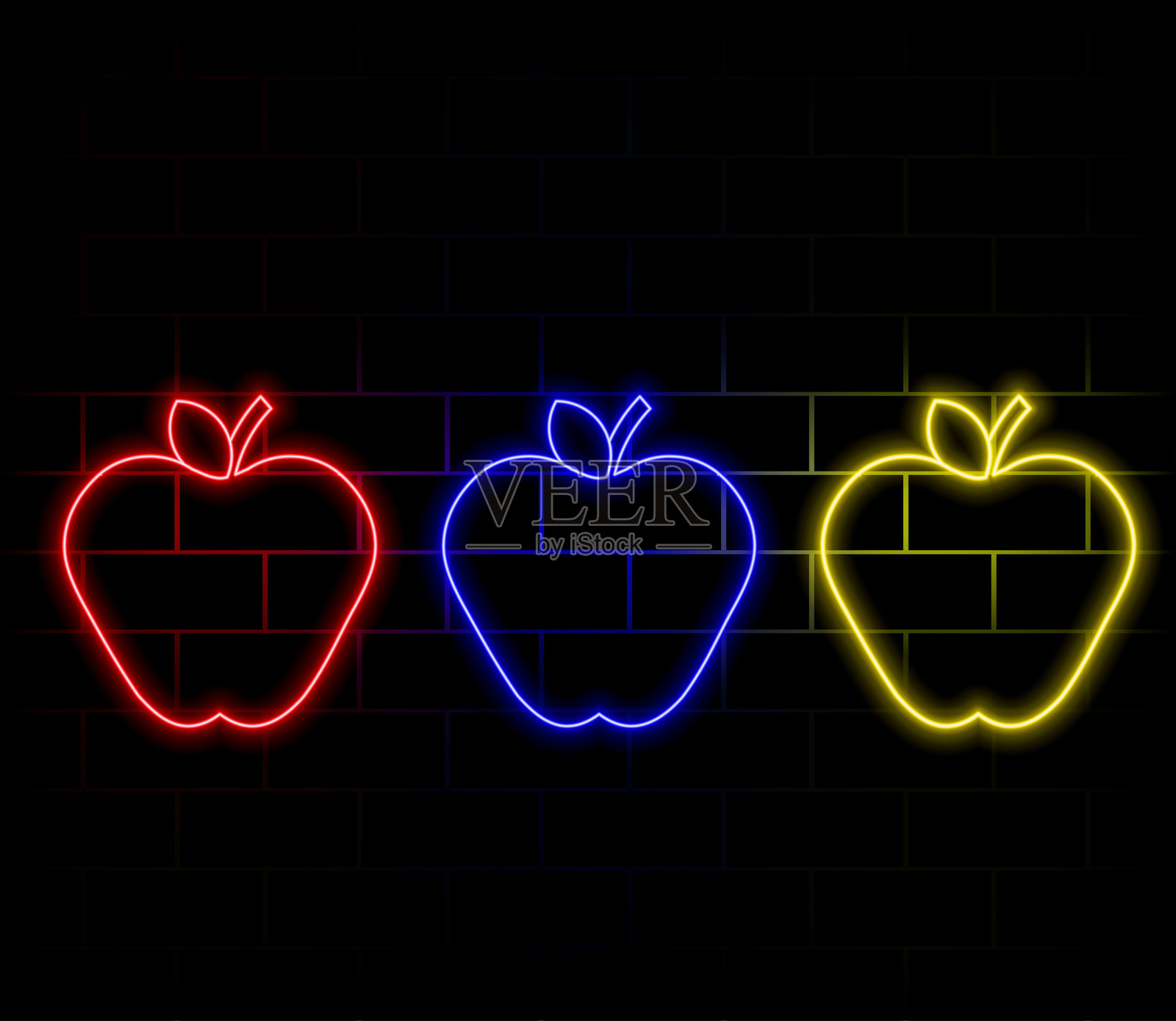 发光的霓虹线苹果图标，背景为砖墙。超重。健康饮食菜单。健身饮食苹果。矢量图。插画图片素材