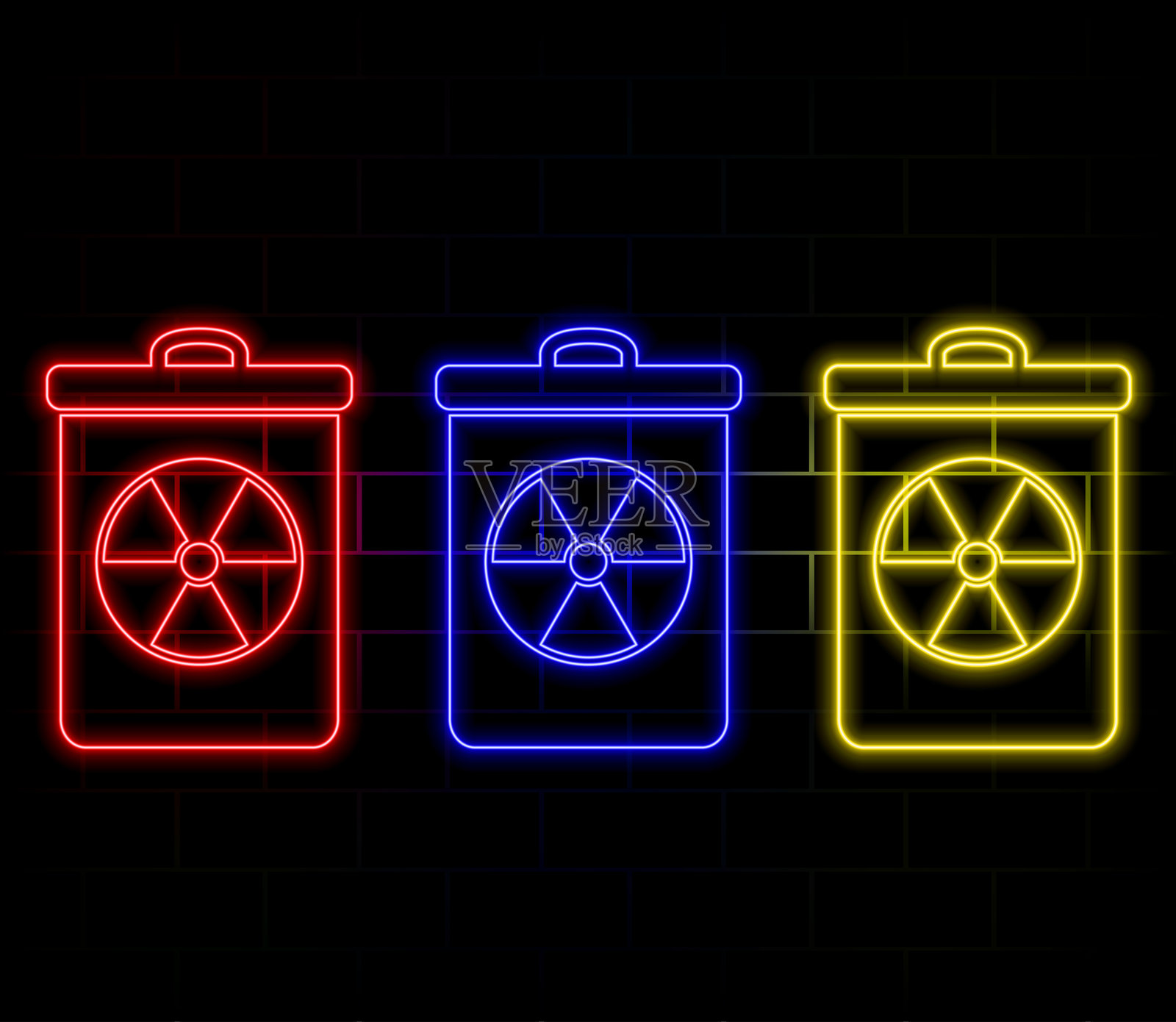 发光的霓虹线感染性废物图标，背景为黑色。用于收集放射性废物的罐子。垃圾箱或容器。生物危害物质。矢量图。插画图片素材