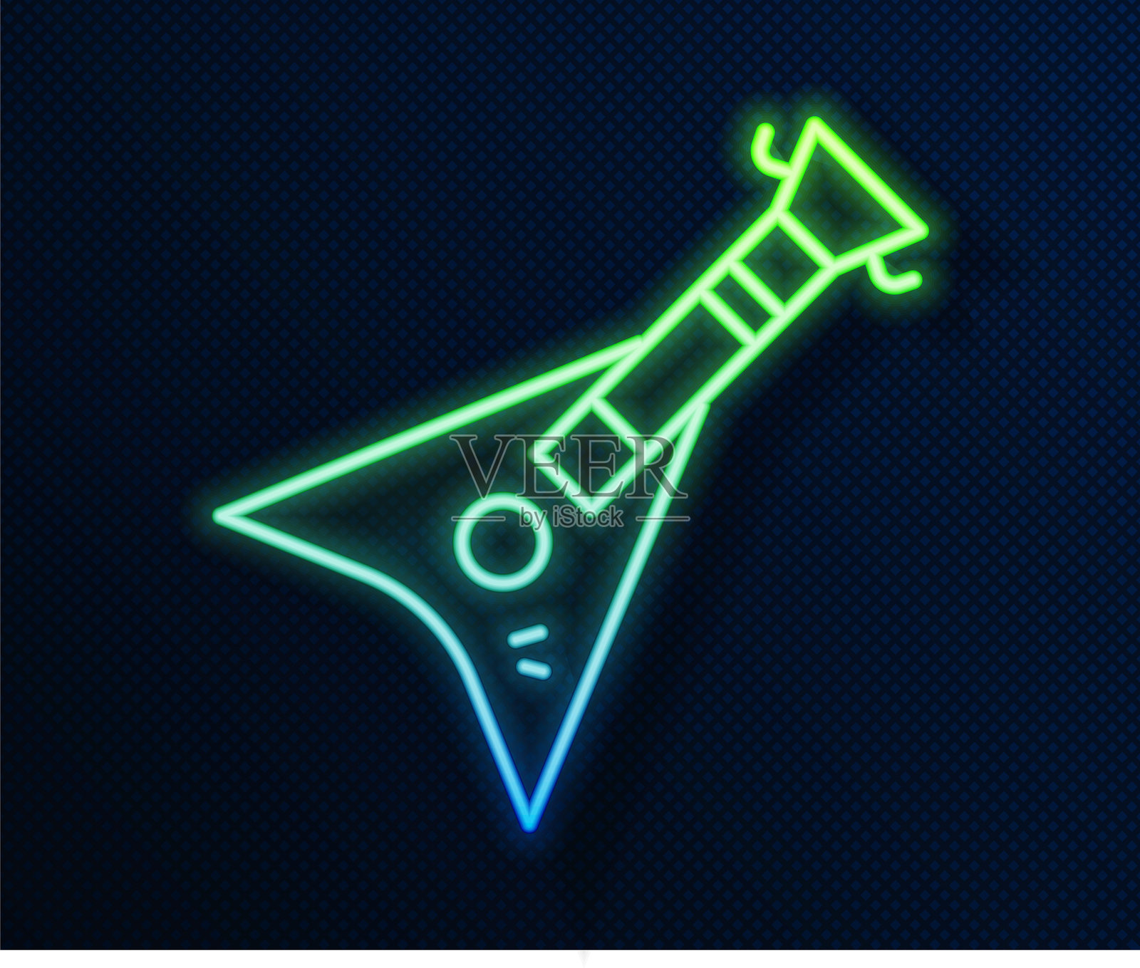 发光的霓虹线电贝斯吉他图标，背景为蓝色。矢量图。插画图片素材