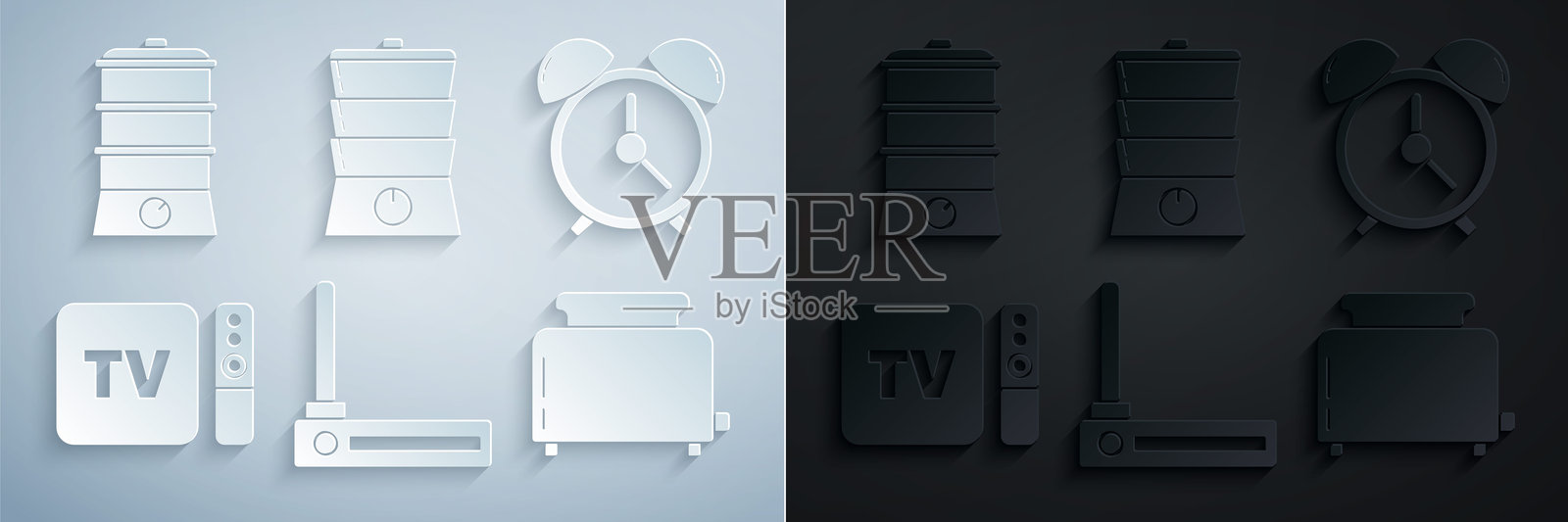 路由器和Wi-Fi信号，闹钟，电视盒接收器播放器及遥控器，烤面包机，双层锅和图标。矢量图。插画图片素材