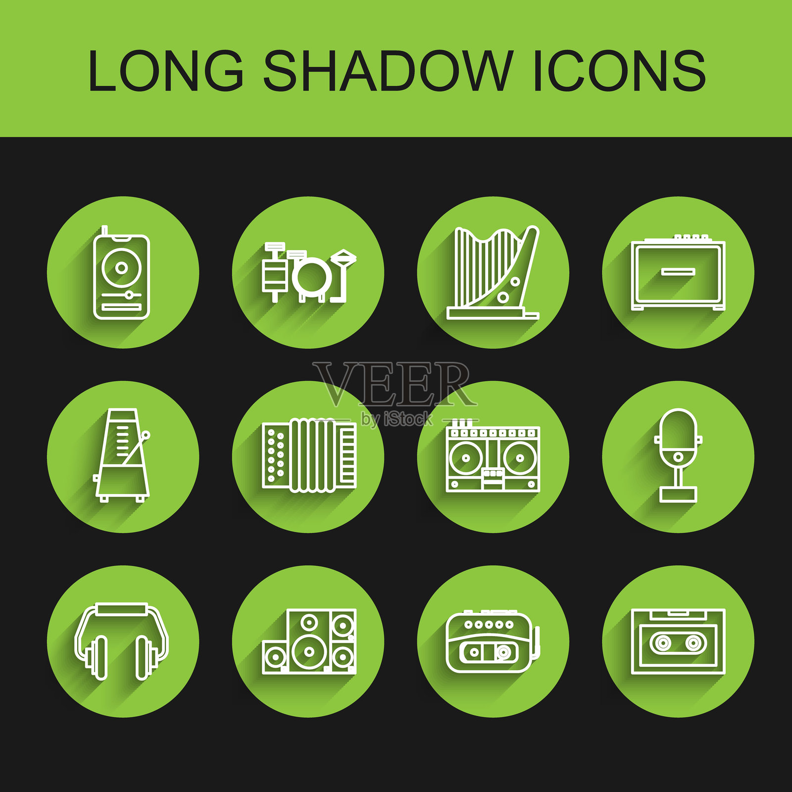 耳机、立体声扬声器、音乐播放器、磁带、复古音频卡带、手风琴、麦克风和DJ遥控器图标，用于播放和混合音乐。矢量图。插画图片素材