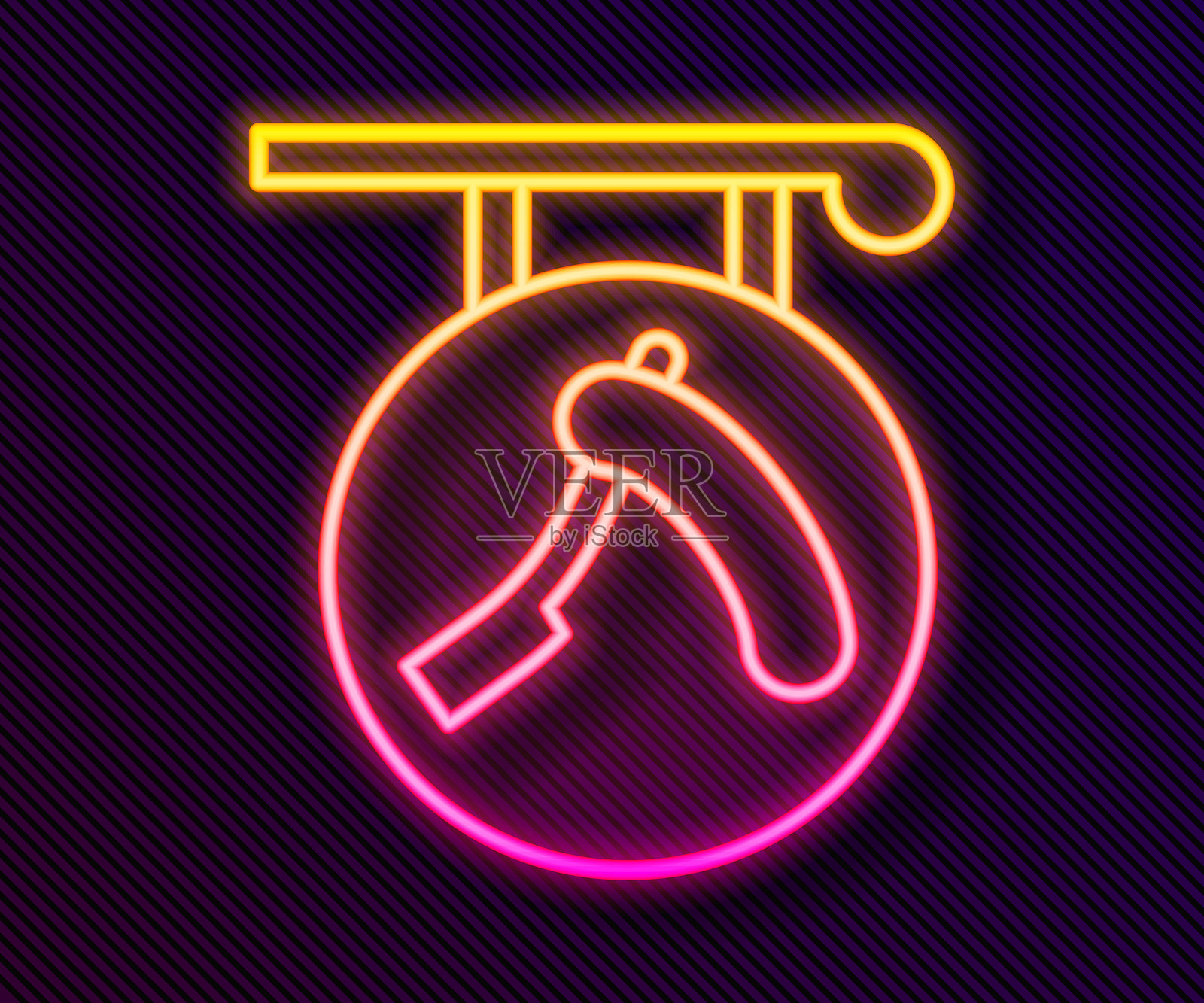 发光的霓虹线理发店，带剃刀图标，背景为黑色。理发师的标志或招牌。矢量图。插画图片素材