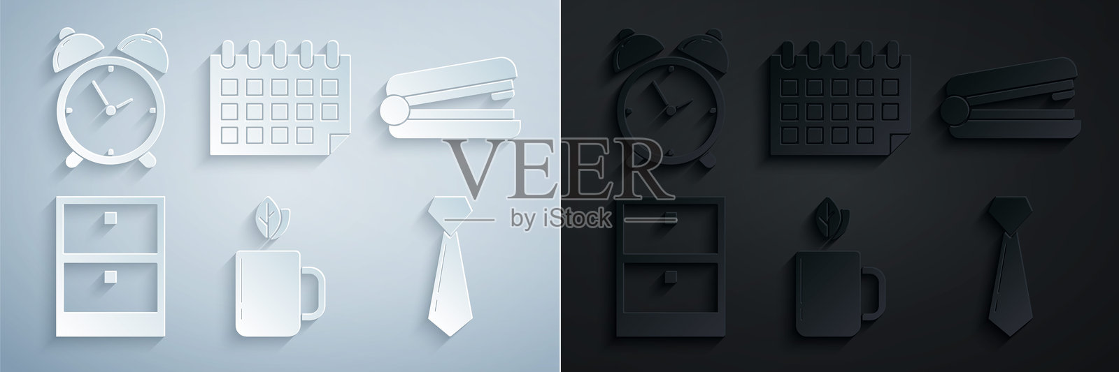 茶杯和茶叶、办公订书机、档案纸抽屉、领带、日历和闹钟图标。矢量图。插画图片素材