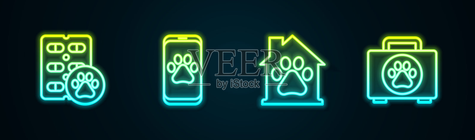 狗药、兽医诊所、宠物屋和急救包。发光的霓虹图标。矢量图。插画图片素材