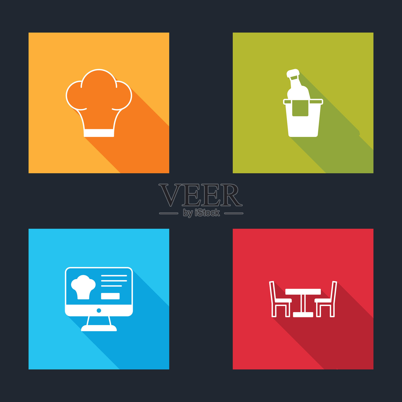 厨师帽、冰桶中的香槟、在线订购和配送以及带椅子的木桌图标。矢量图。插画图片素材