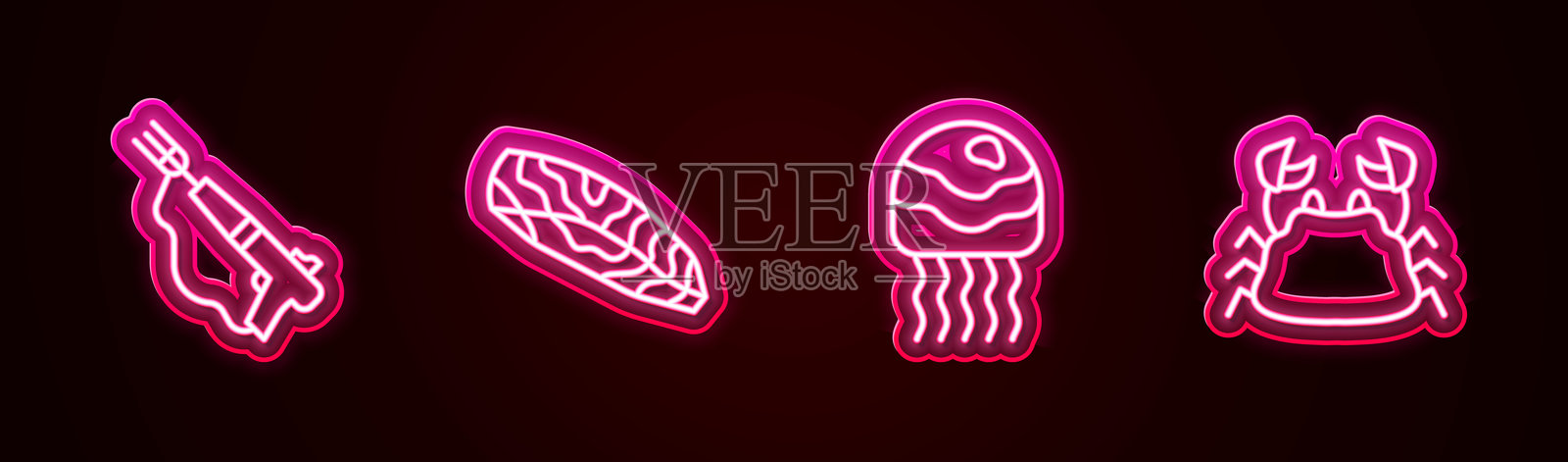 线钓鱼鱼叉、牛排、水母和螃蟹。发光霓虹图标。矢量图。插画图片素材