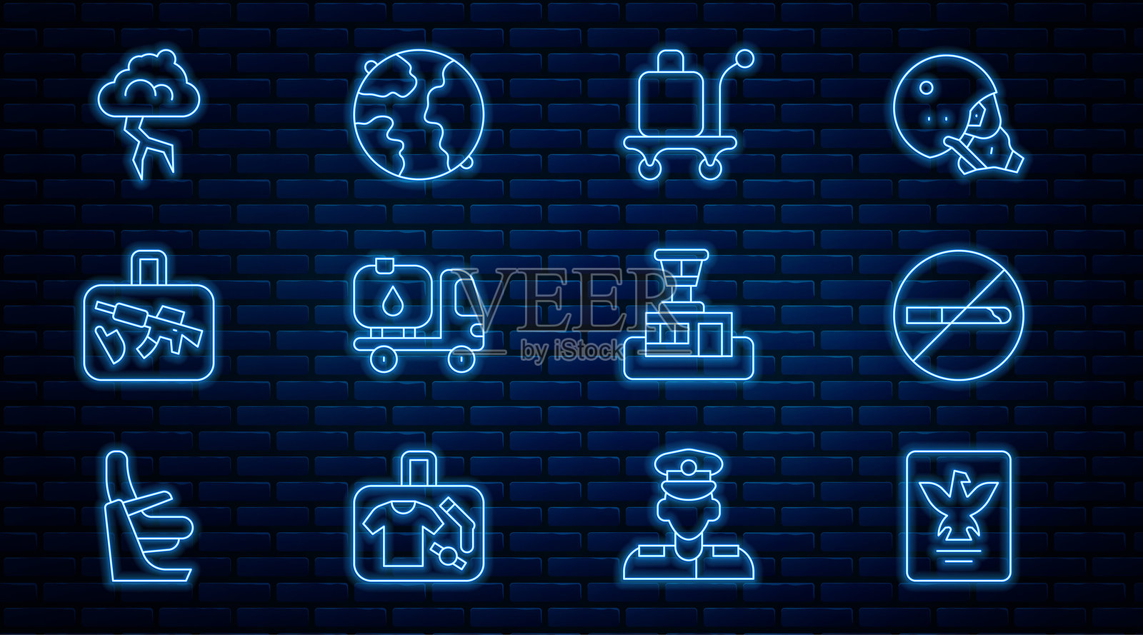 护照、禁止吸烟、手推行李车、燃油罐车、行李箱、风暴、机场控制塔和全球图标。矢量图插画图片素材