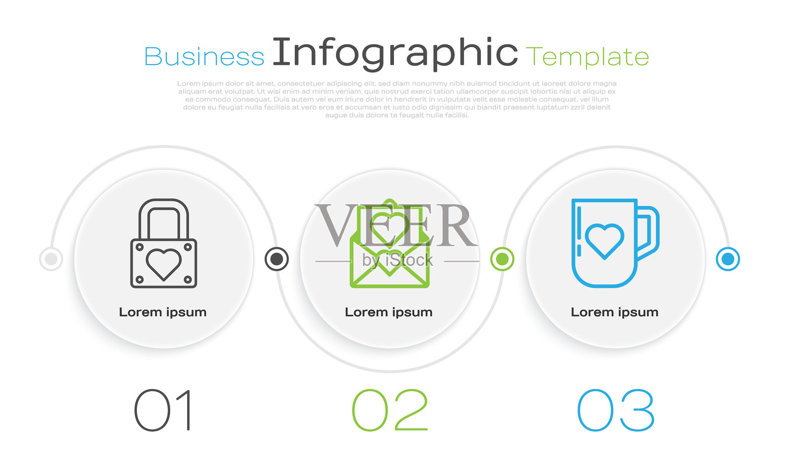 设置线条锁和心形，带有情人节心形的信封和咖啡杯及心形。商业信息图模板。矢量图。插画图片素材