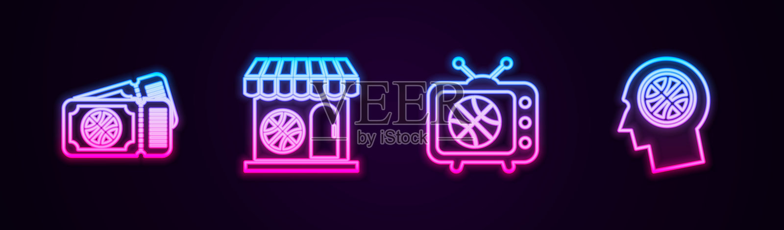 篮球比赛门票、体育商店与篮球、电视上的比赛与思考。发光的霓虹图标。矢量图。插画图片素材