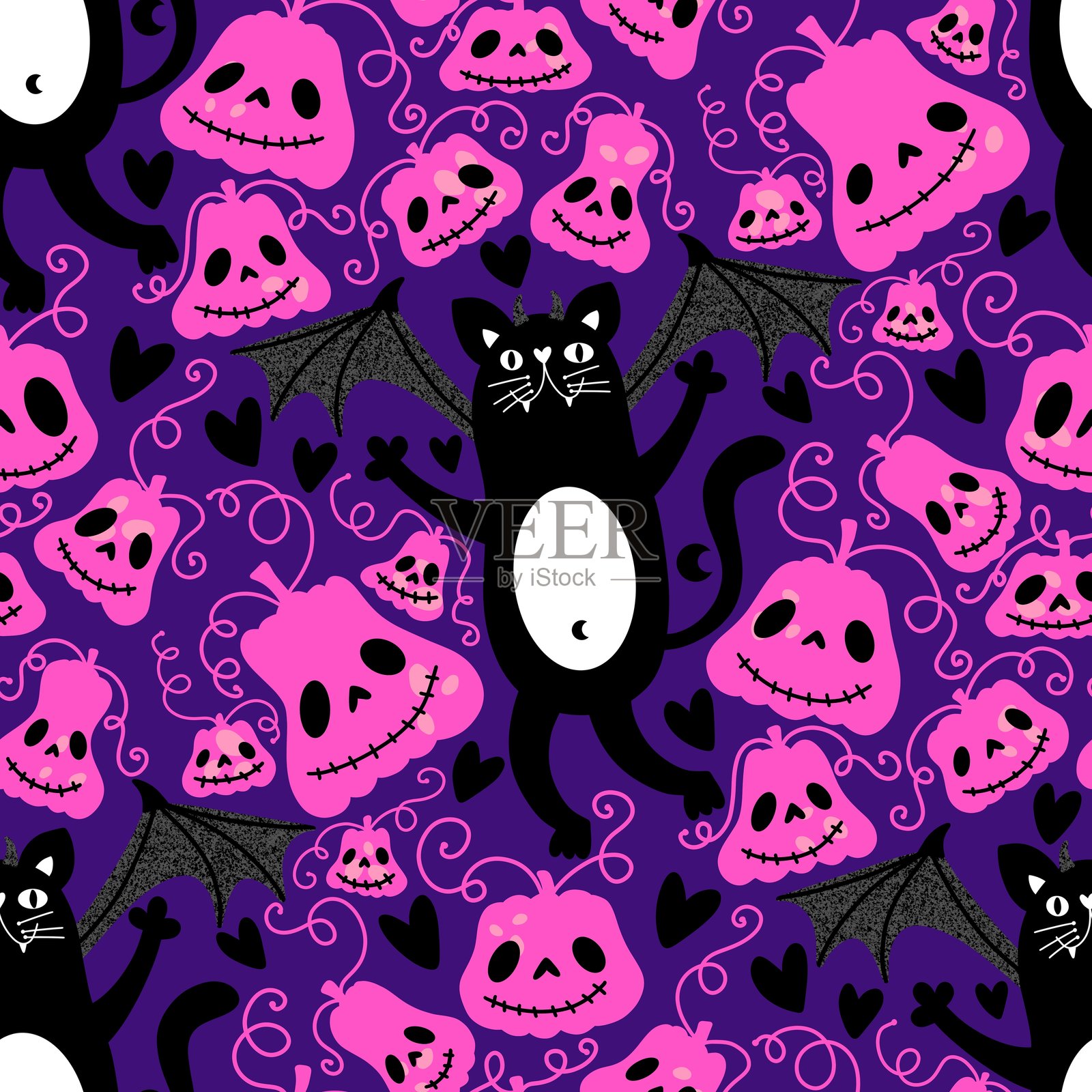 万圣节无缝猫图案，适用于面料、纺织品和包装照片摄影图片