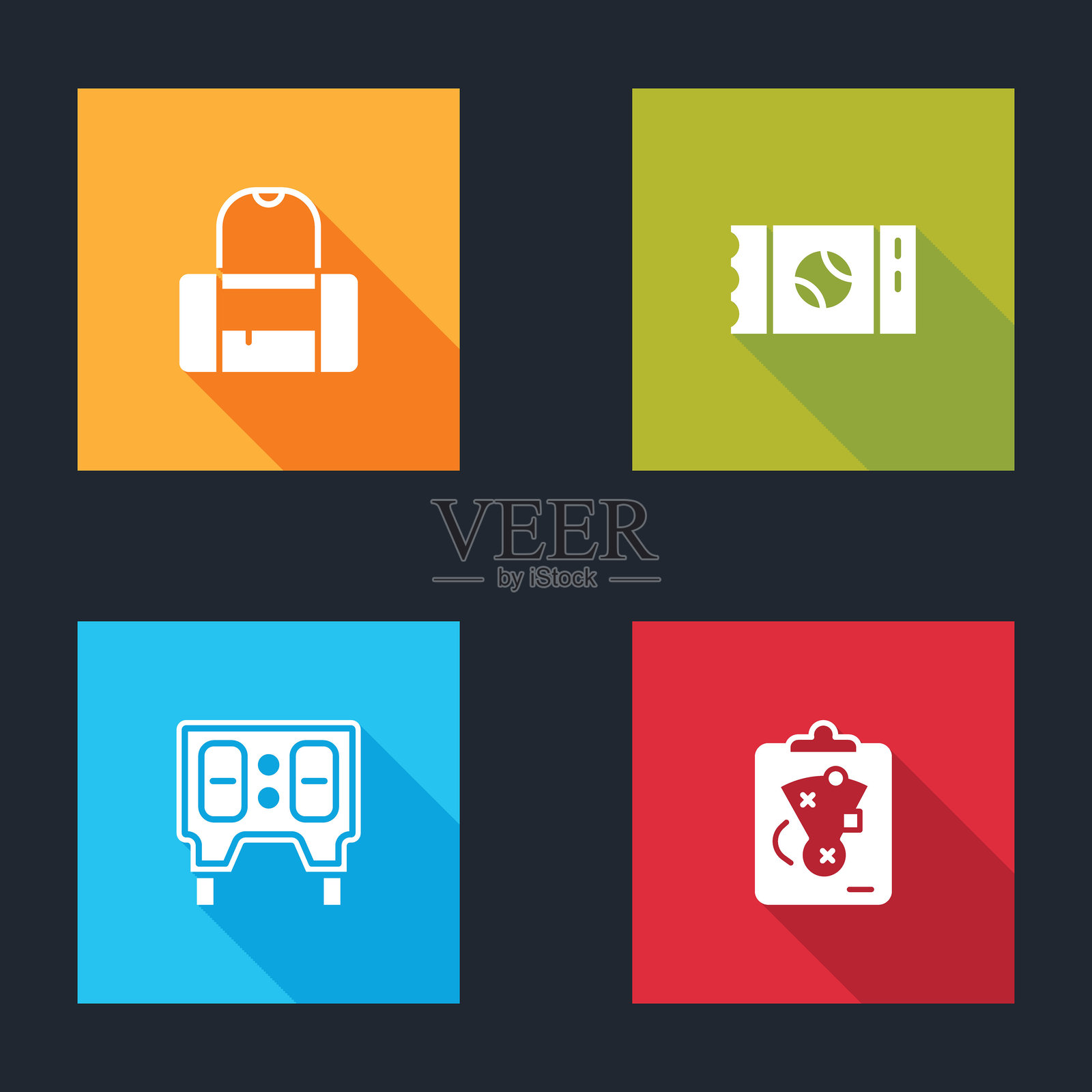 运动包、棒球票、机械记分牌和规划策略图标。矢量图。插画图片素材