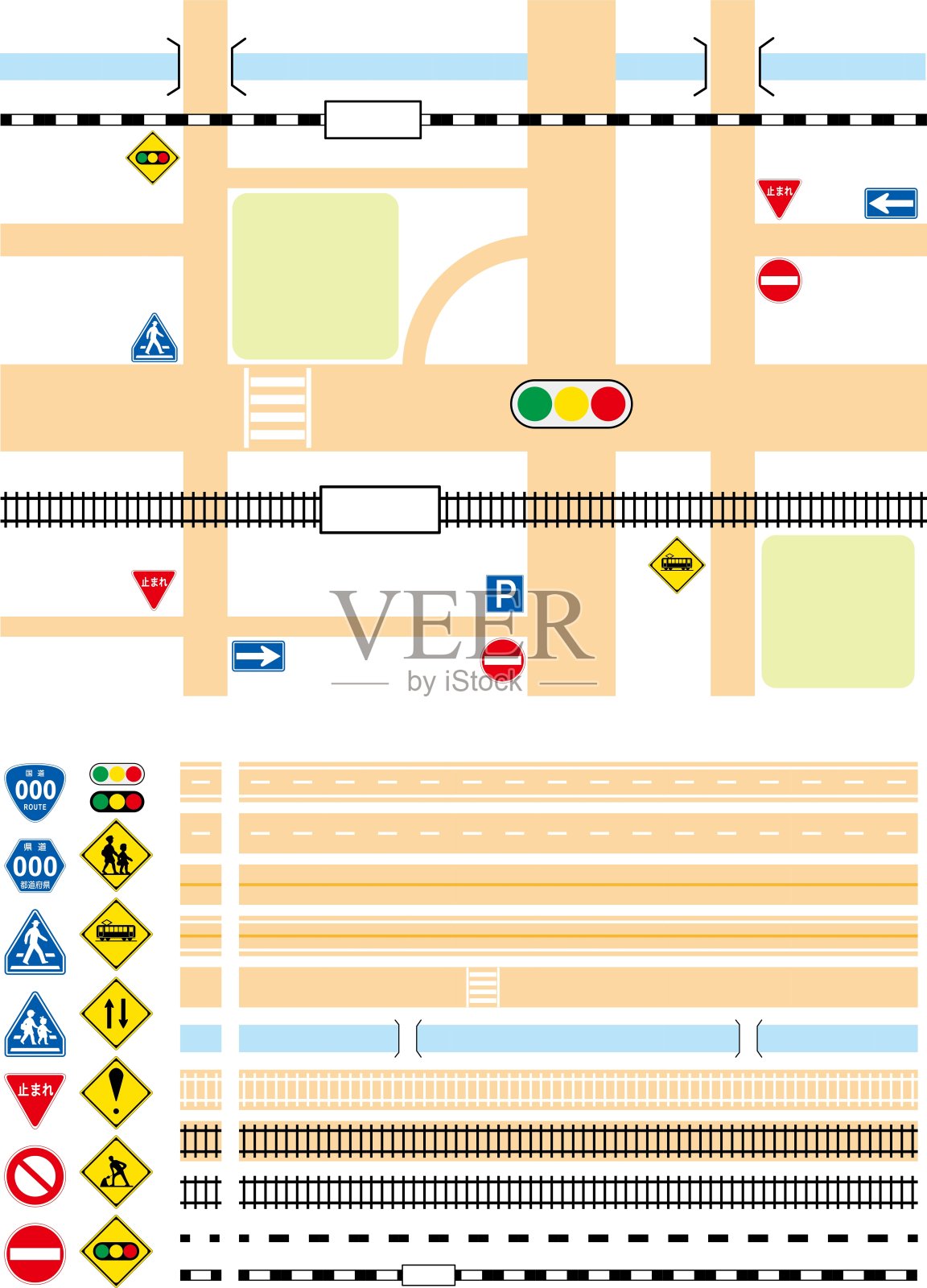 一套可以用于学习交通规则、制作地图等的轨道、道路和标志 / 插图素材（矢量插图）插画图片素材