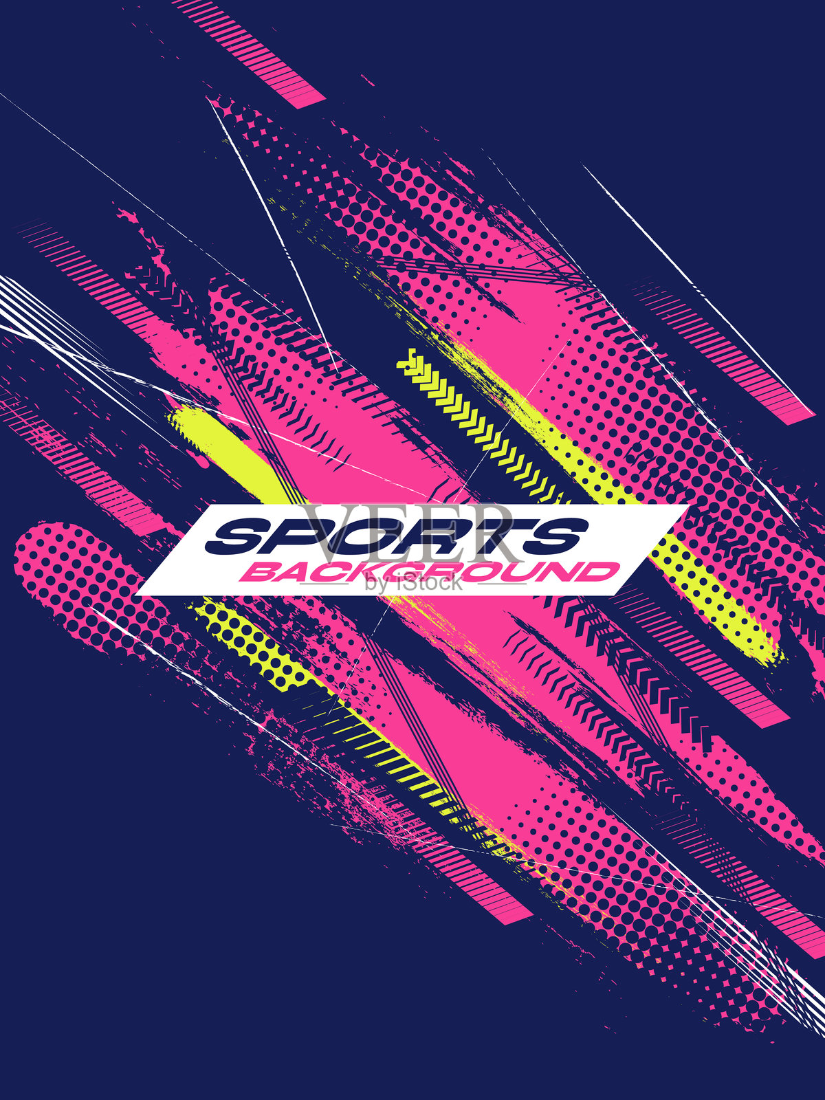 粉色和黄色笔触与蓝色背景上的半色调效果的运动封面或海报设计。抽象背景设计，具有粗糙风格。插画图片素材