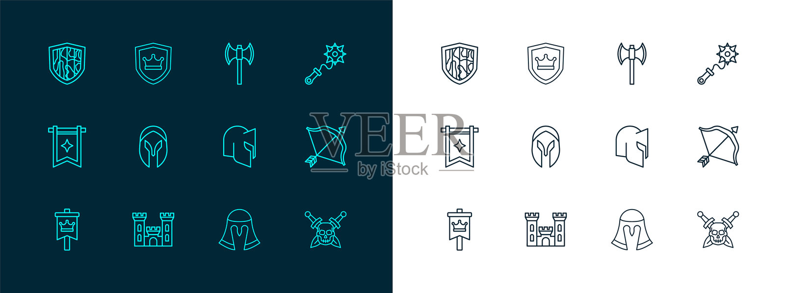 带刺的锤子、城堡、中世纪头盔、长柄斧、盾牌和王冠图标。矢量图。插画图片素材