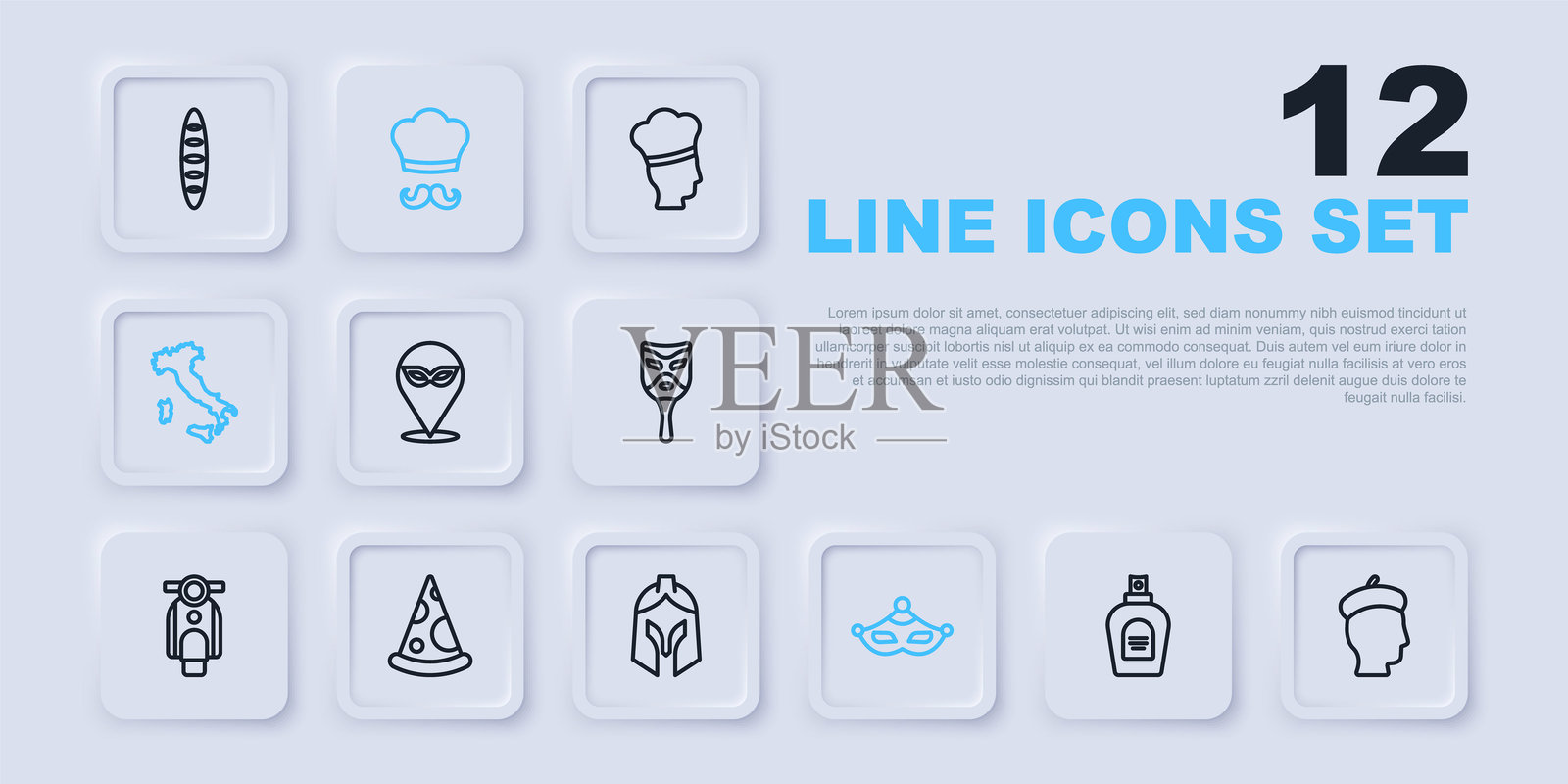 香水瓶、法国男人、狂欢节面具、意大利地图、披萨切片、意大利厨师和罗马军盔图标。矢量图。插画图片素材